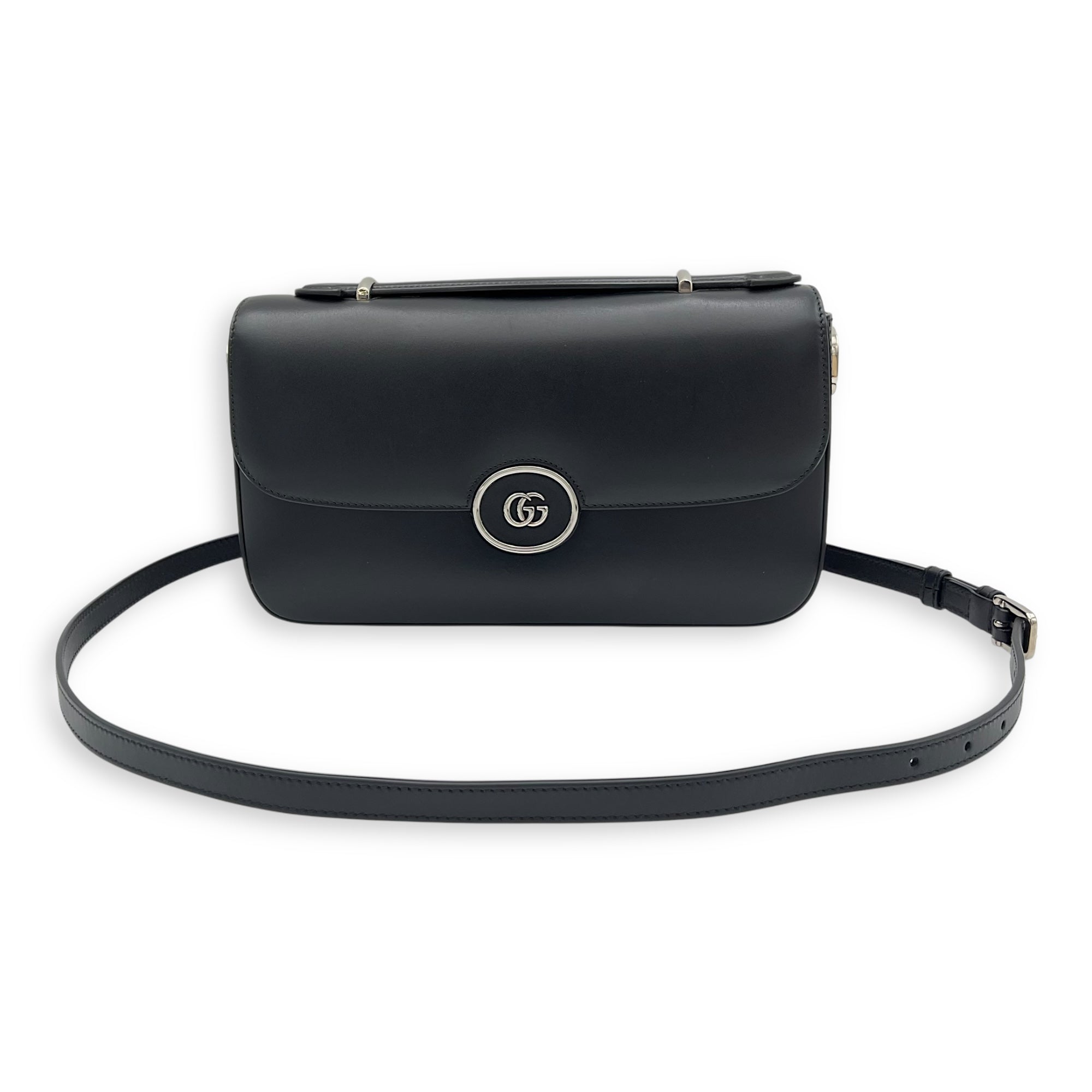 Petite GG Small Black Crossbody Bag in Calfskin, Silver hardware