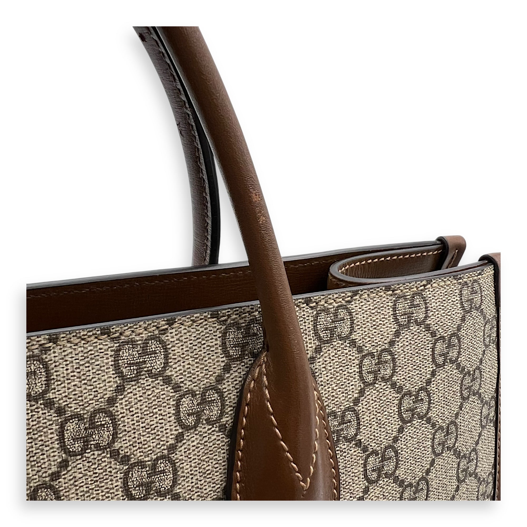 Interlocking G Brown Top Handle Bag in Coated Canvas, Gold hardware