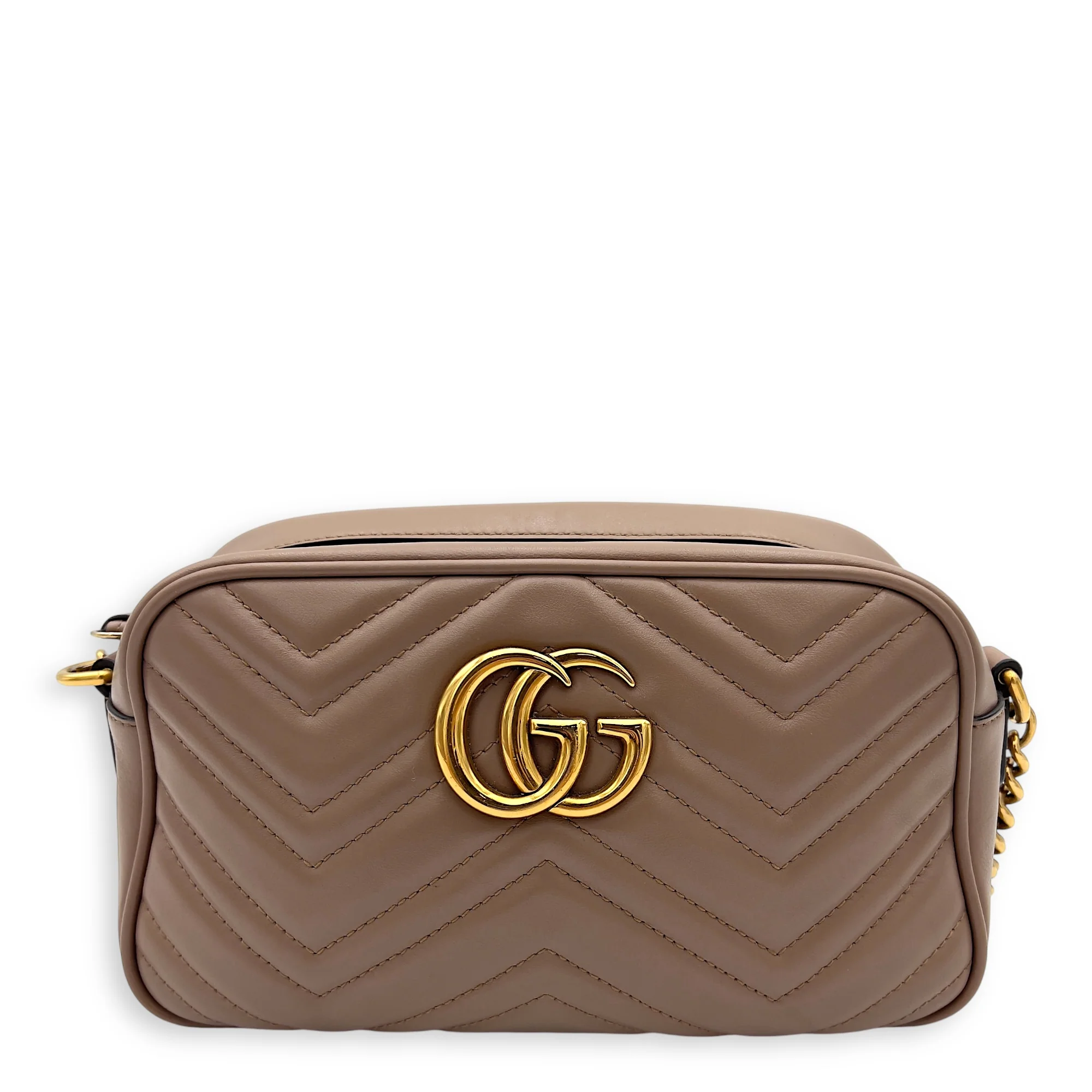 GG Marmont Small Beige Shoulder Bag in Calfskin, Gold hardware