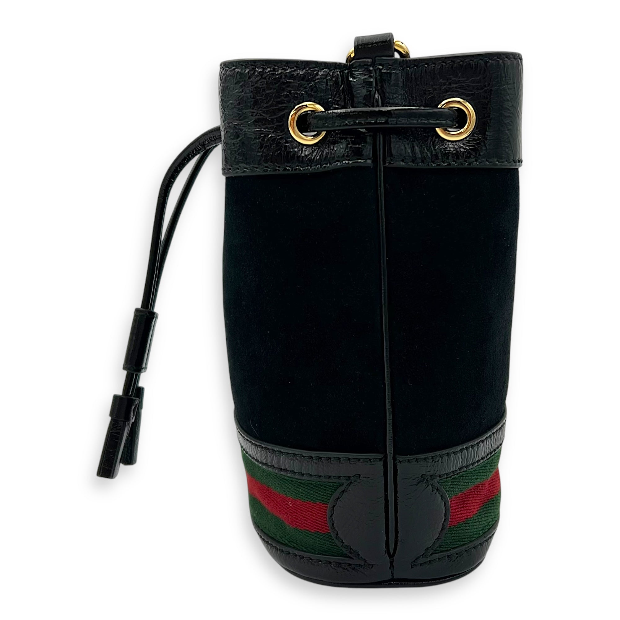 Ophidia Bucket Bag Black in Suede Leather, Gold hardware