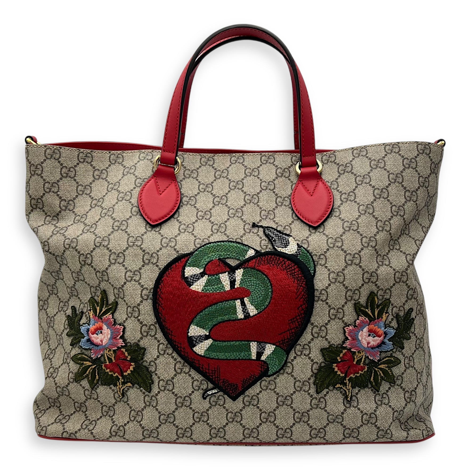 GG Supreme Snake Heart Grey Tote Bag in Coated Canvas, Silver hardware