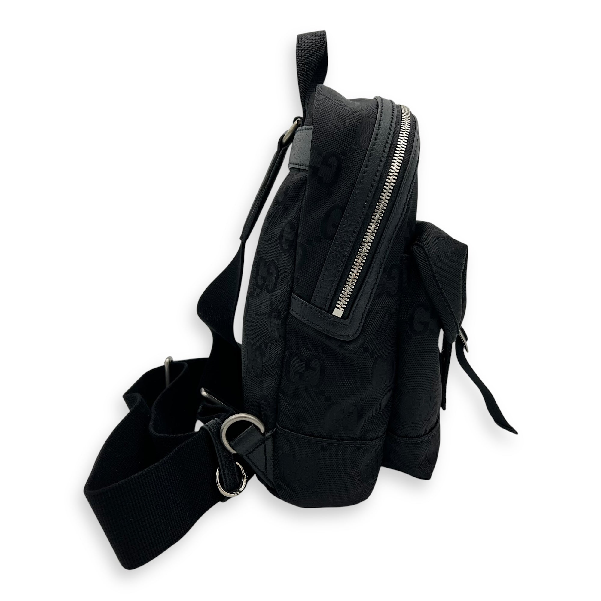 GG Backpack Black in Nylon, Silver hardware