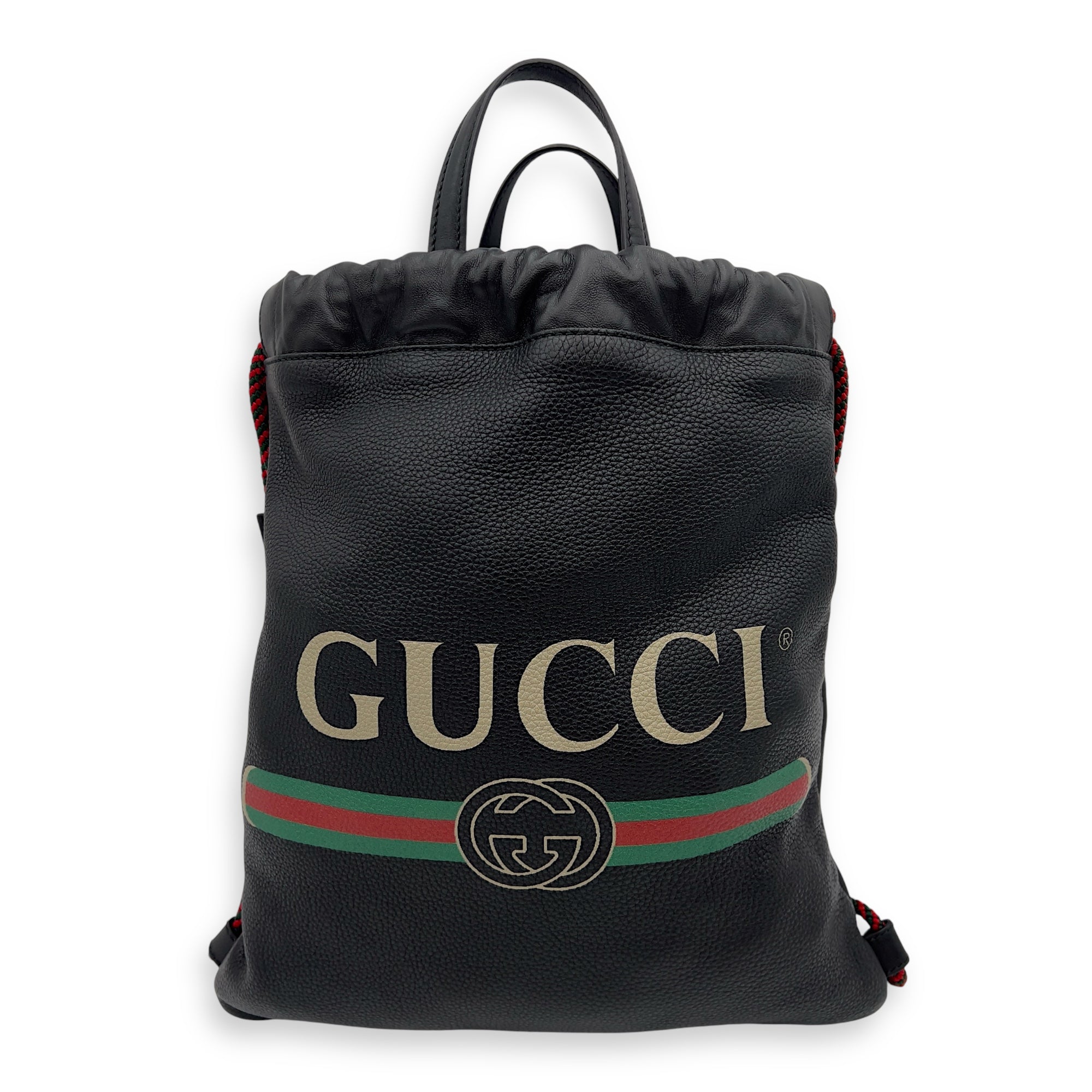 Logo Black Drawstring Backpack in Calfskin