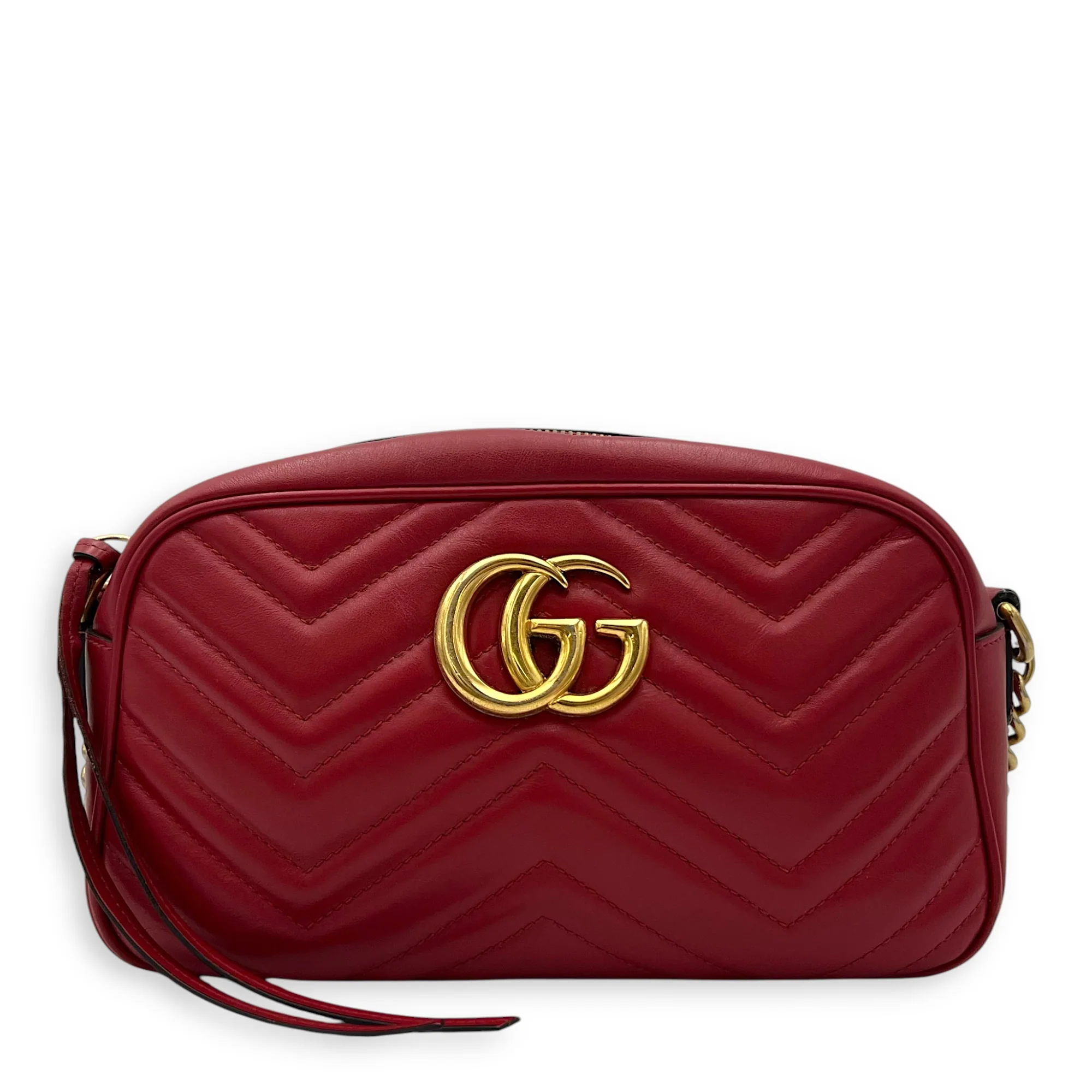 GG Marmont Small Red Crossbody Bag in Calfskin, Gold hardware