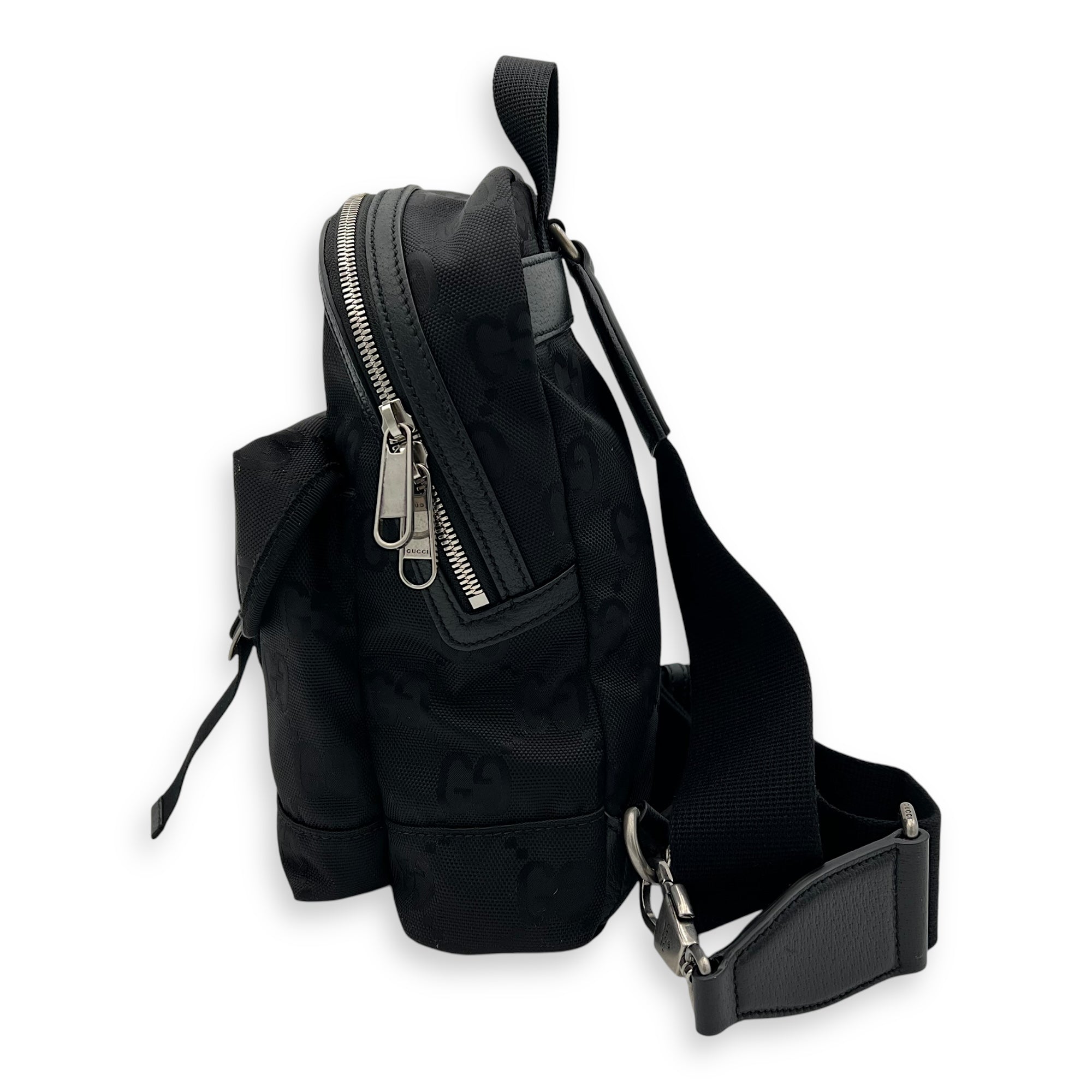 GG Backpack Black in Nylon, Silver hardware