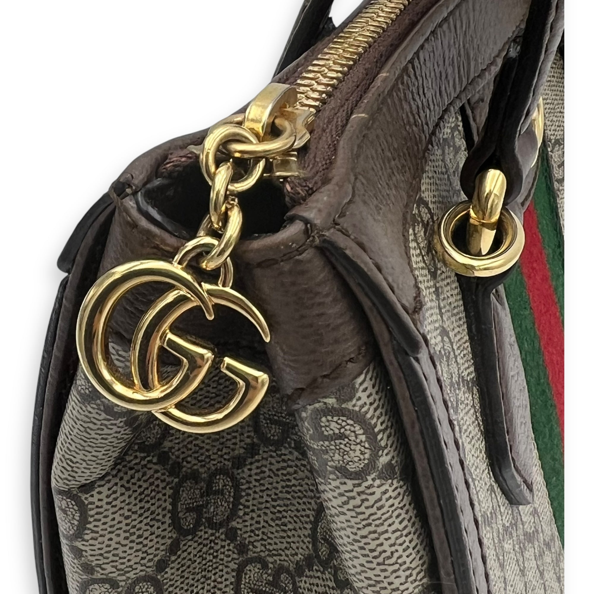 Ophidia Top Handle Bag Brown in Coated Canvas, Silver hardware