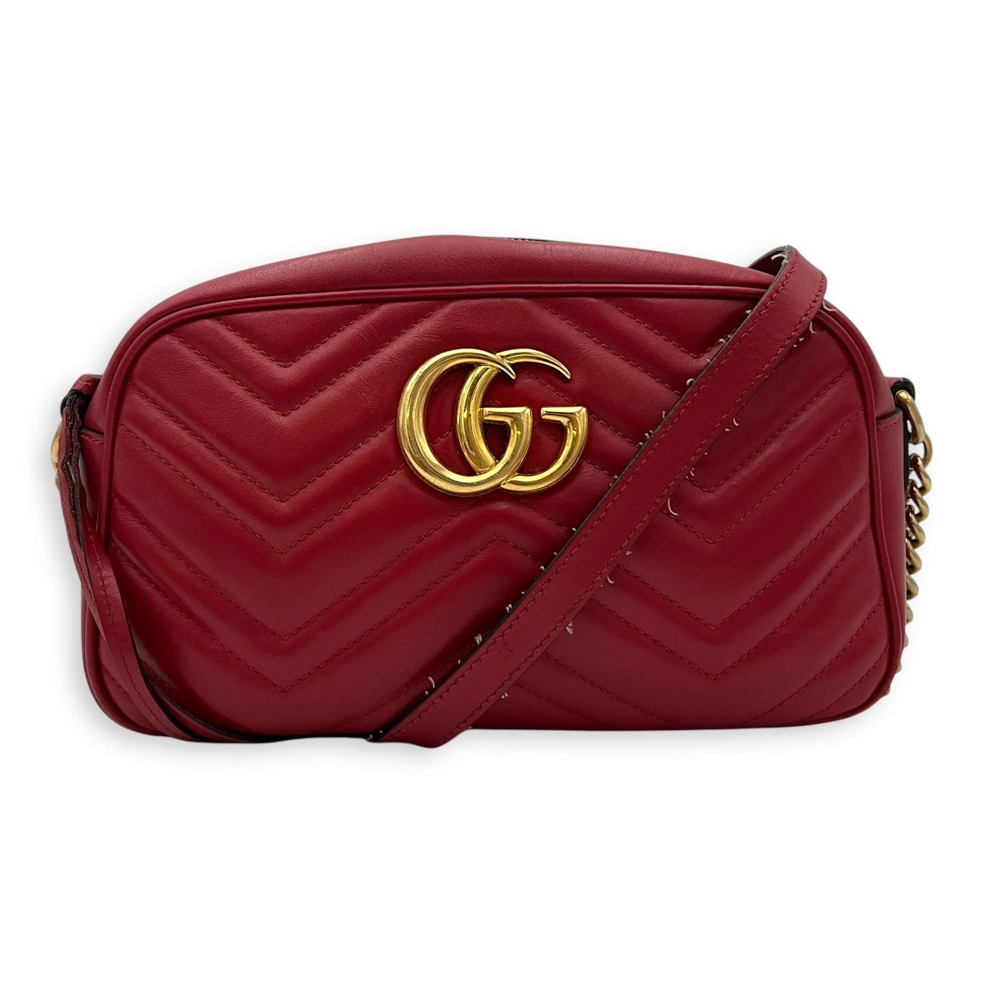 GG Marmont Small Red Crossbody Bag in Calfskin, Gold hardware