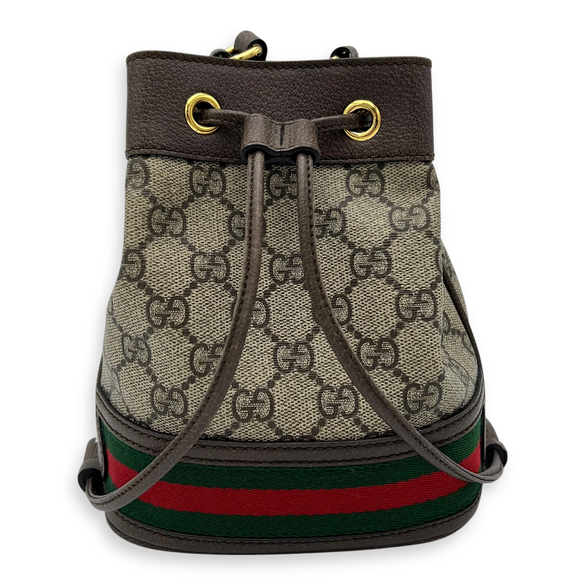 Ophidia Brown Bucket Bag in Monogram Coated Canvas, Gold hardware