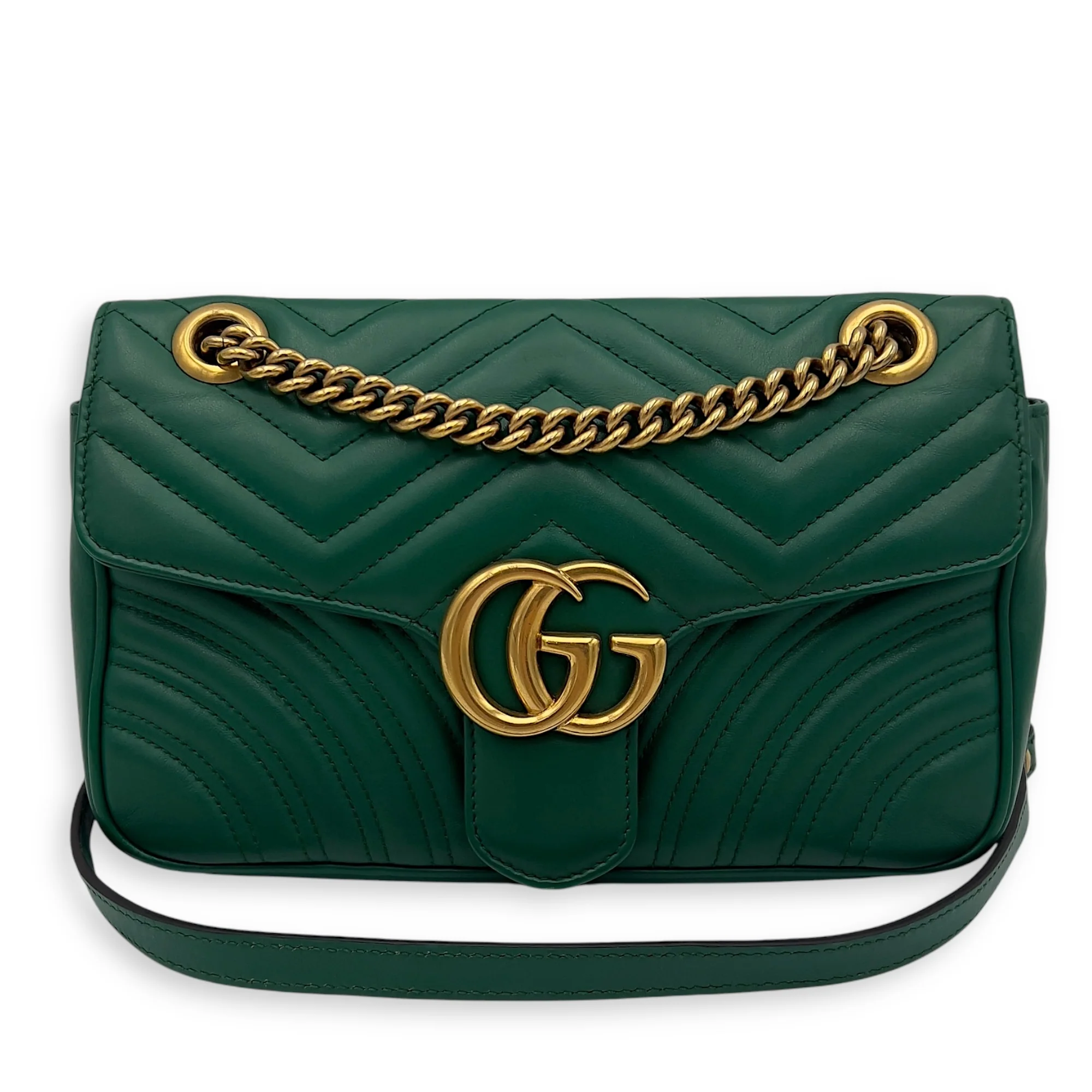 GG Marmont Shoulder Bag Small Green in Calfskin, Gold hardware