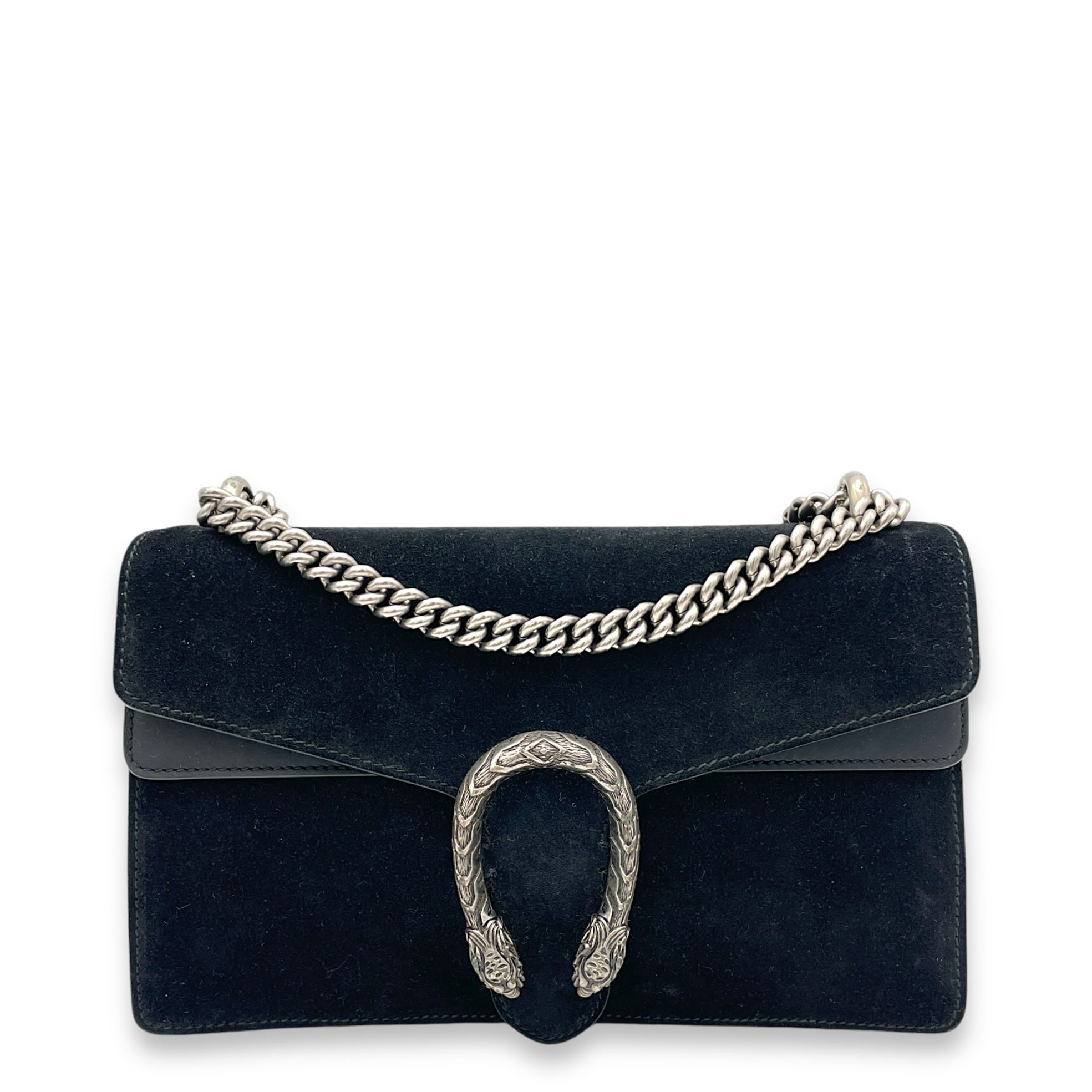 Dionysus Small Black Shoulder Bag in Suede Leather, Silver hardware