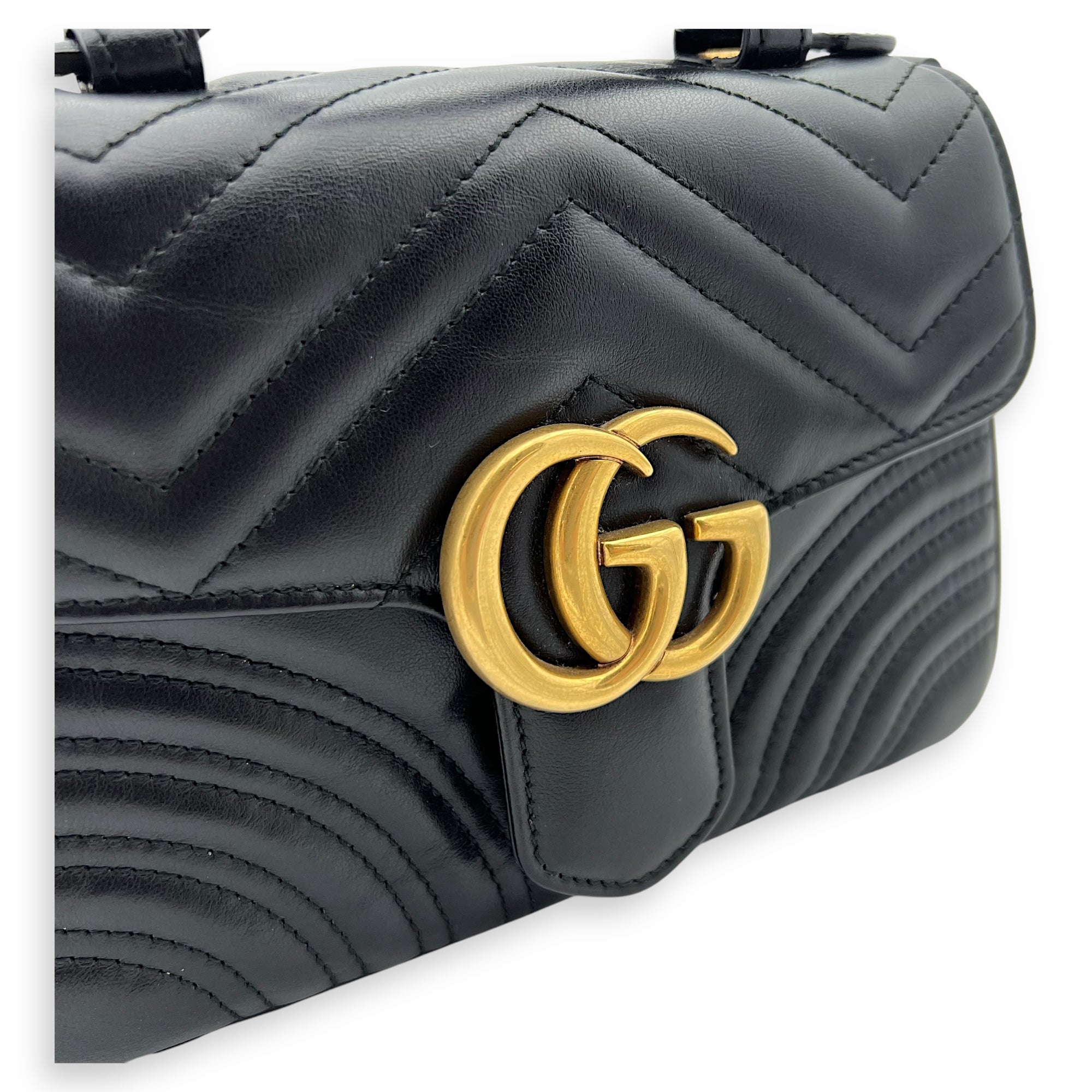 GG Marmont Mini Black Top Handle Bag in Calfskin, Gold hardware
