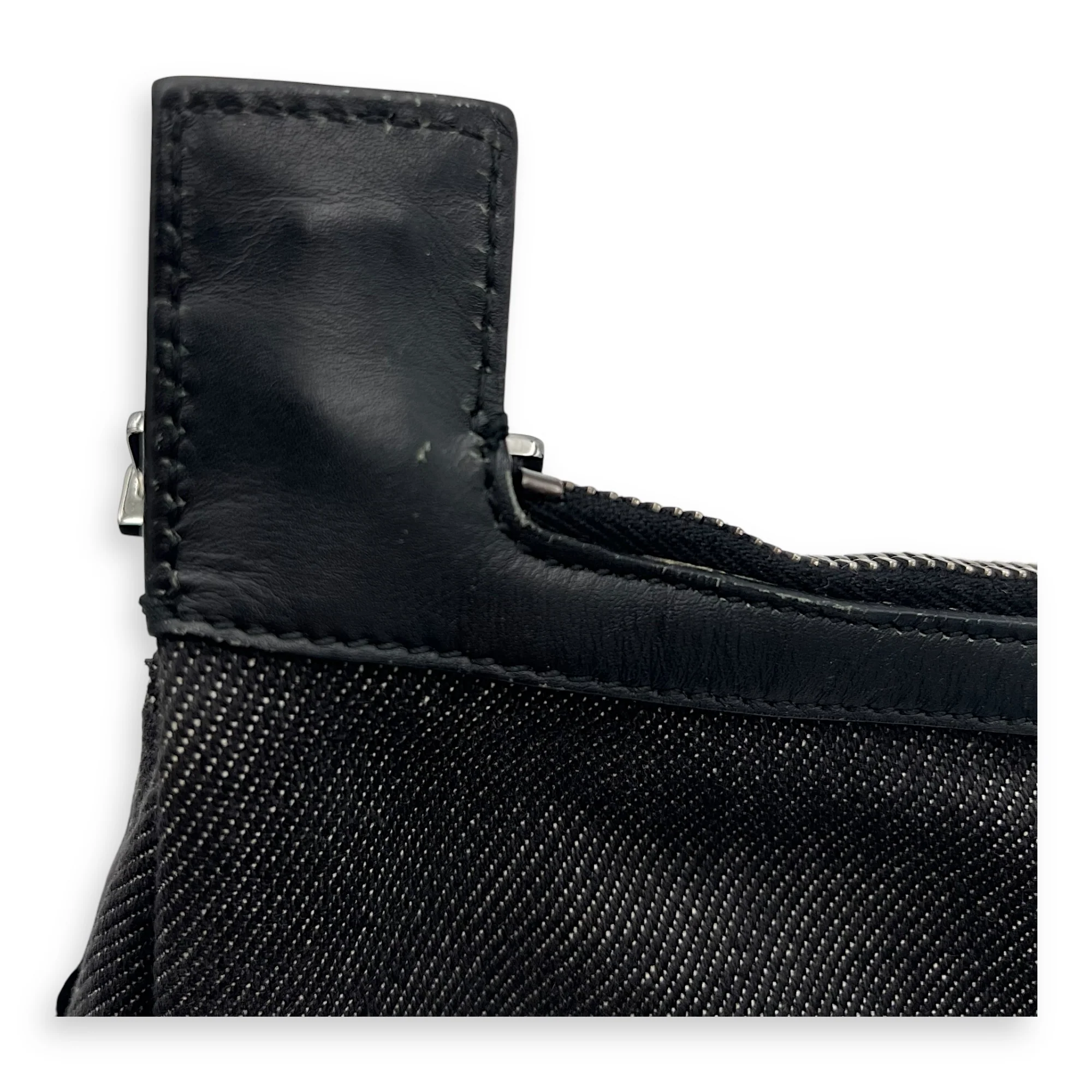 Pocket Black Shoulder Bag in Denim, Silver hardware