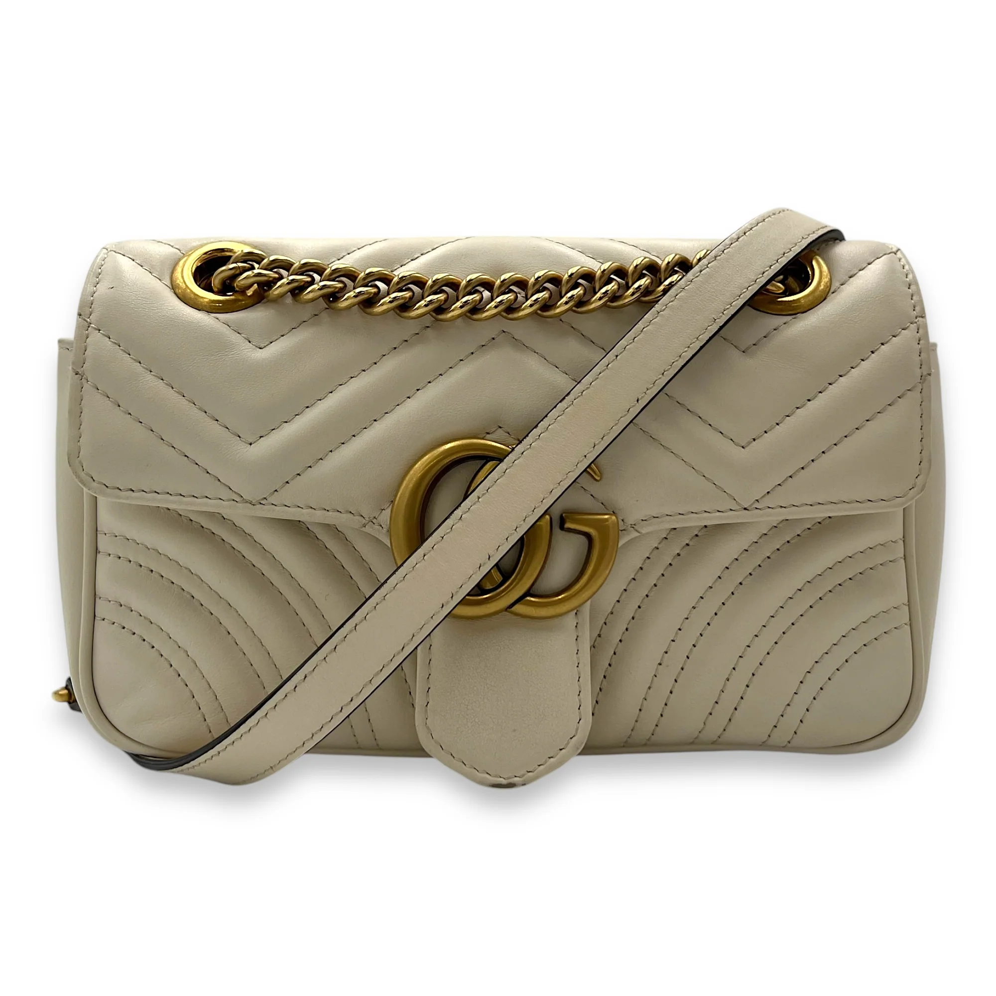 GG Marmont Shoulder Bag Mini White in Calfskin , Brushed Gold Hardware