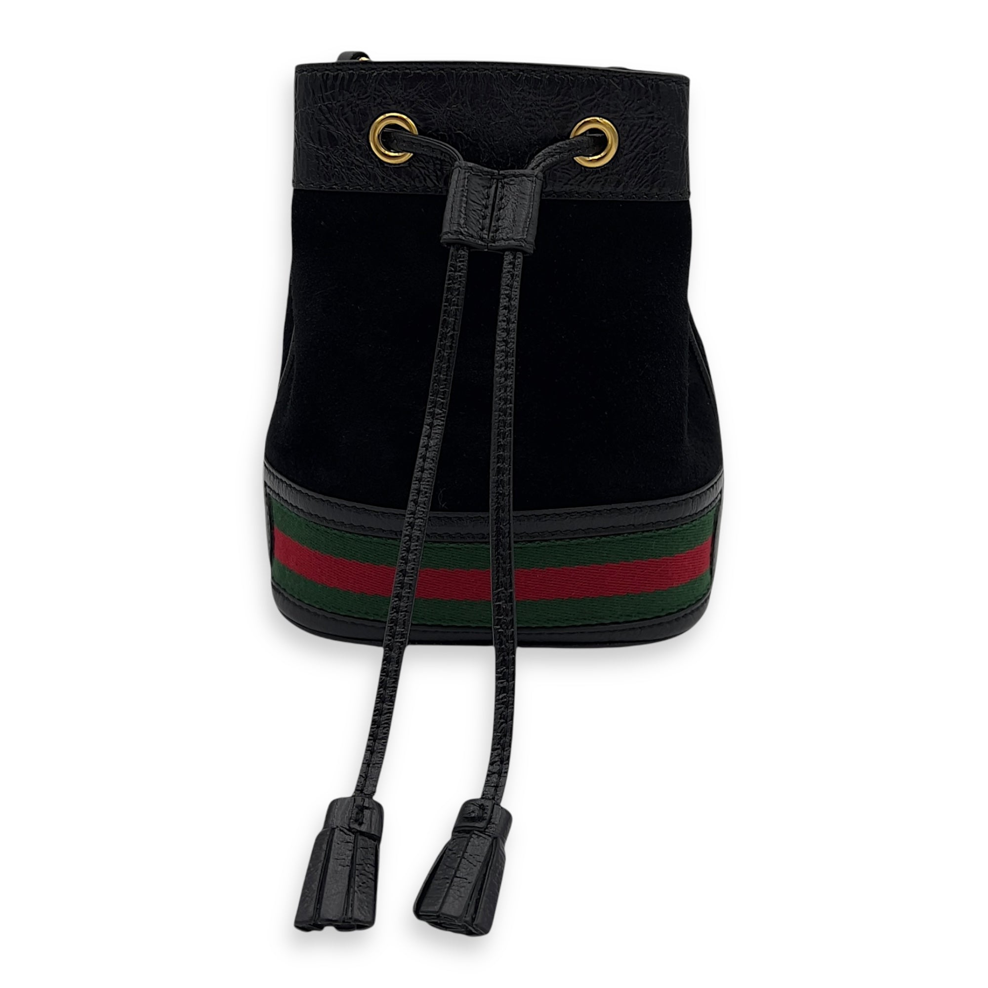 Ophidia Black Bucket Bag in Suede Leather, Gold hardware