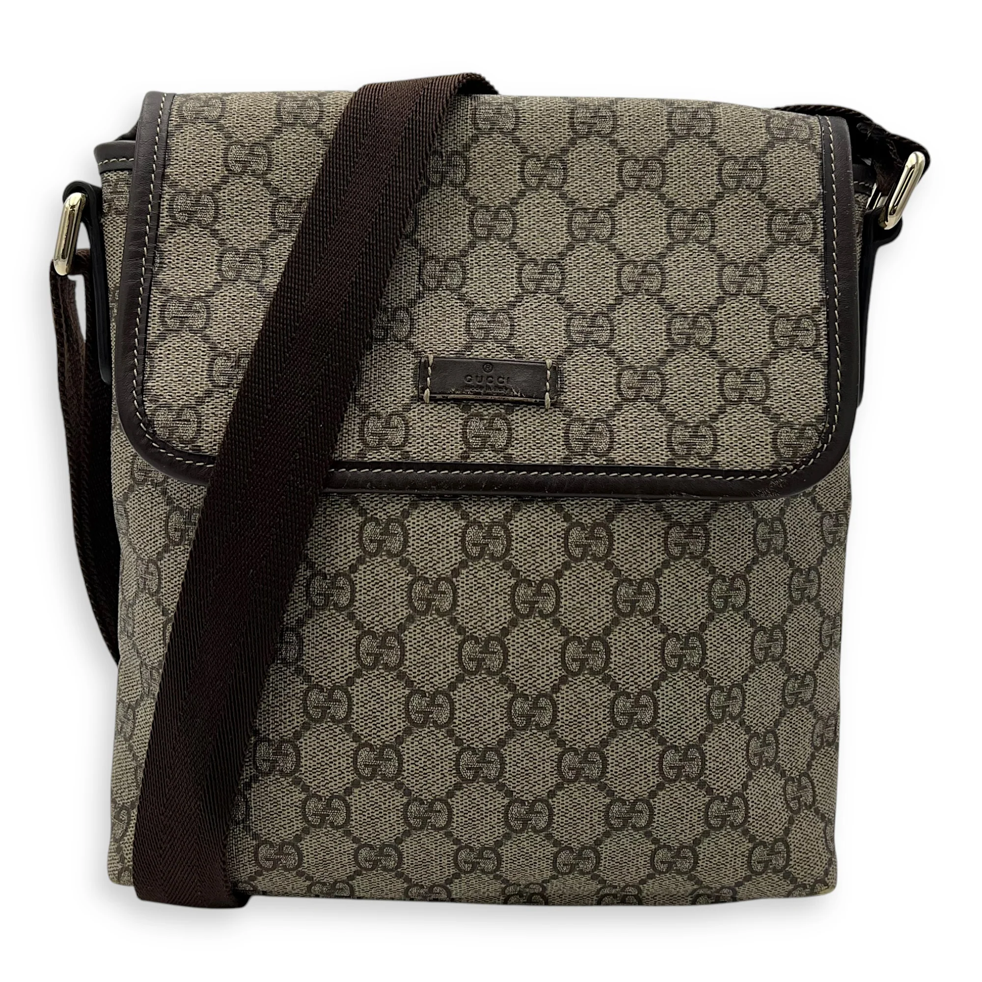 GG Supreme Brown Crossbody Bag in Monogram Coated Canvas, Gold hardware