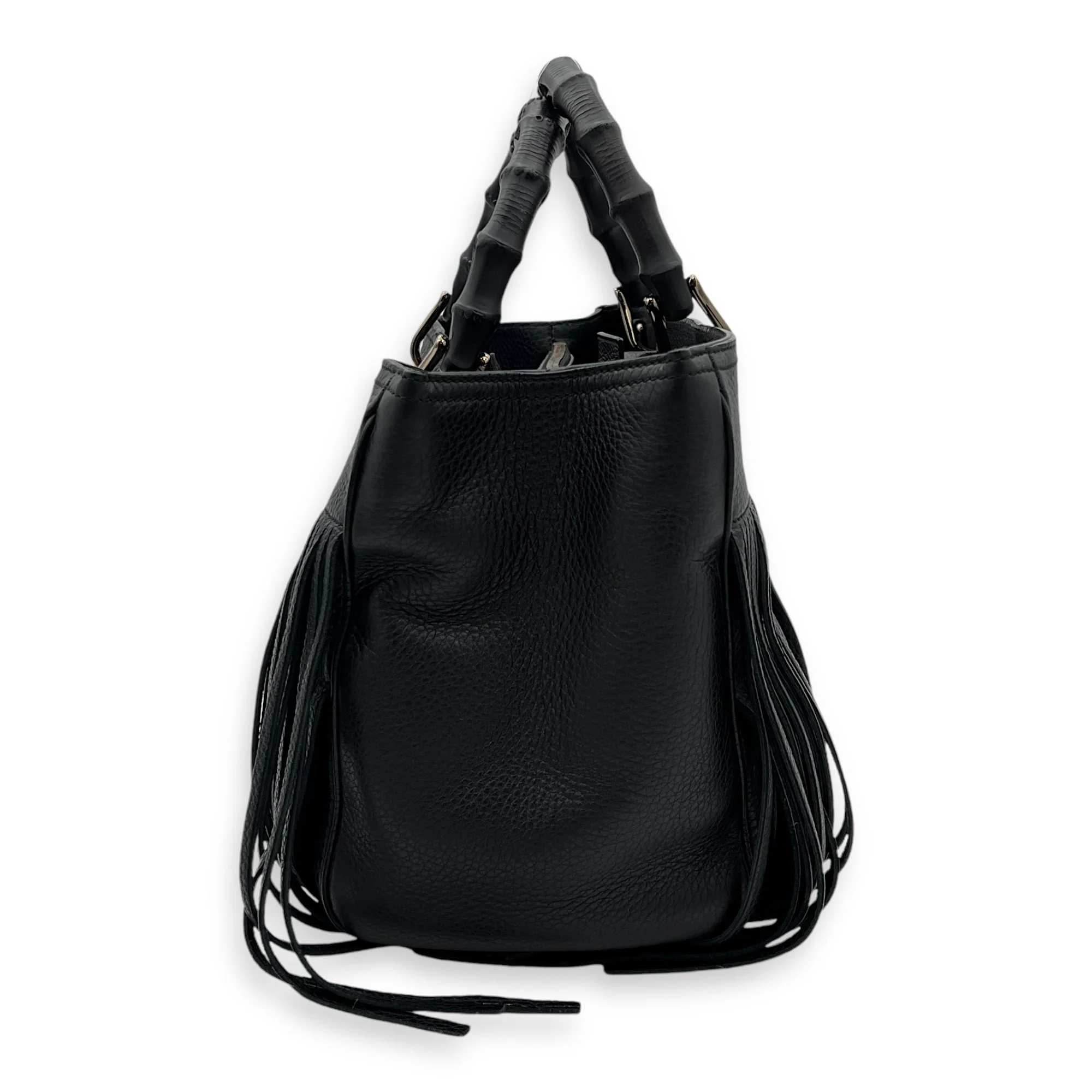 Bamboo Tassel Black Top Handle Bag in Calfskin, Gunmetal hardware