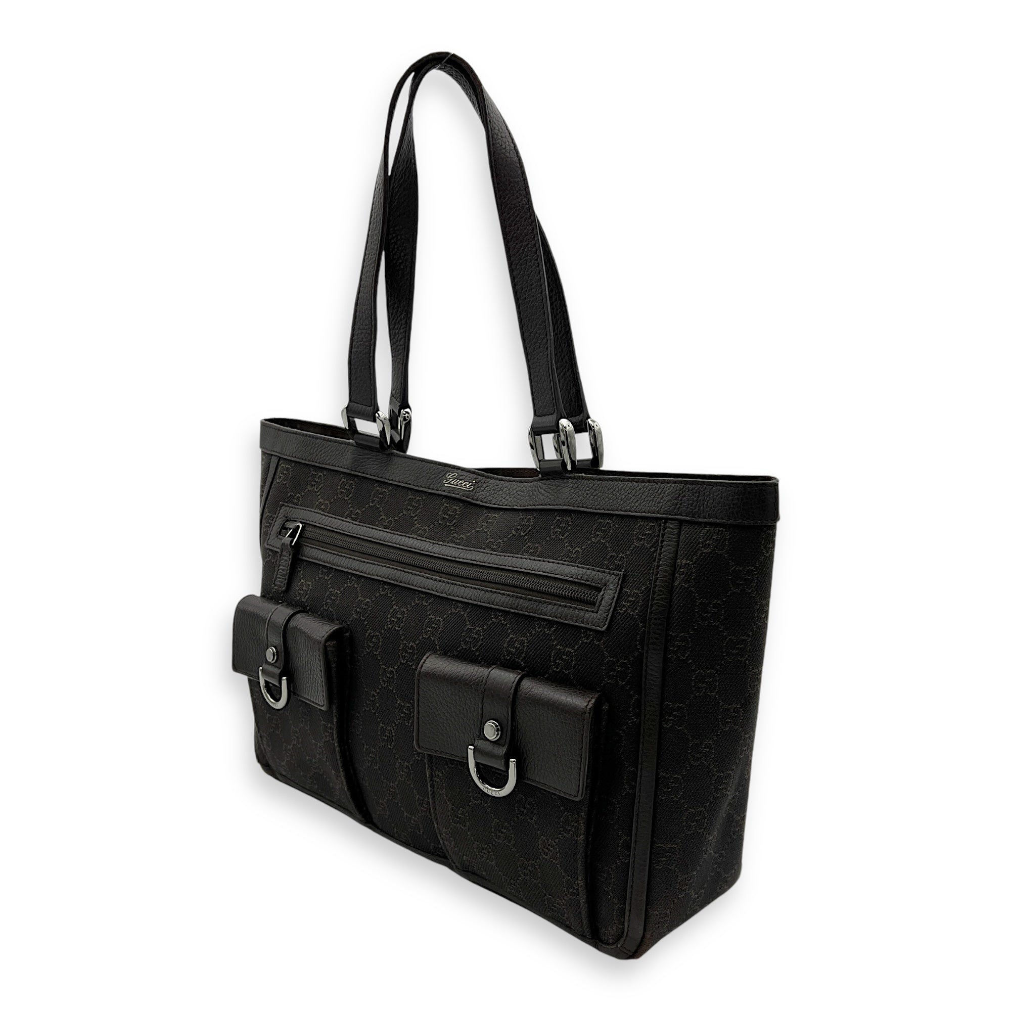 GG Abbey Pocket Black Tote Bag in Canvas, Silver hardware
