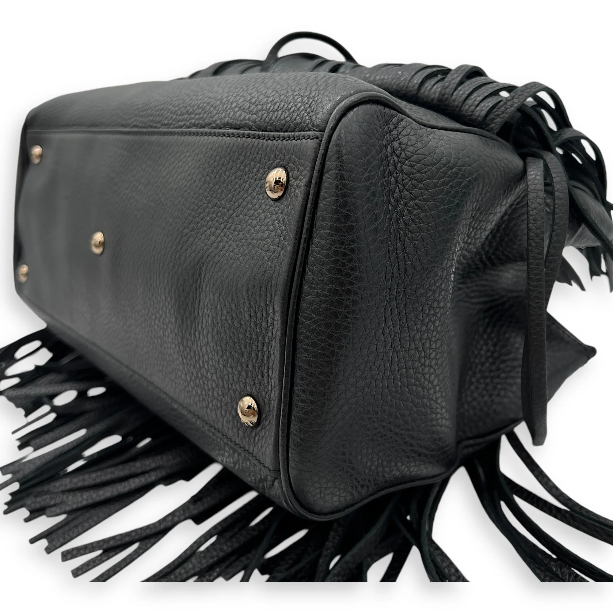 Bamboo Tassel Black Top Handle Bag in Calfskin, Gunmetal hardware