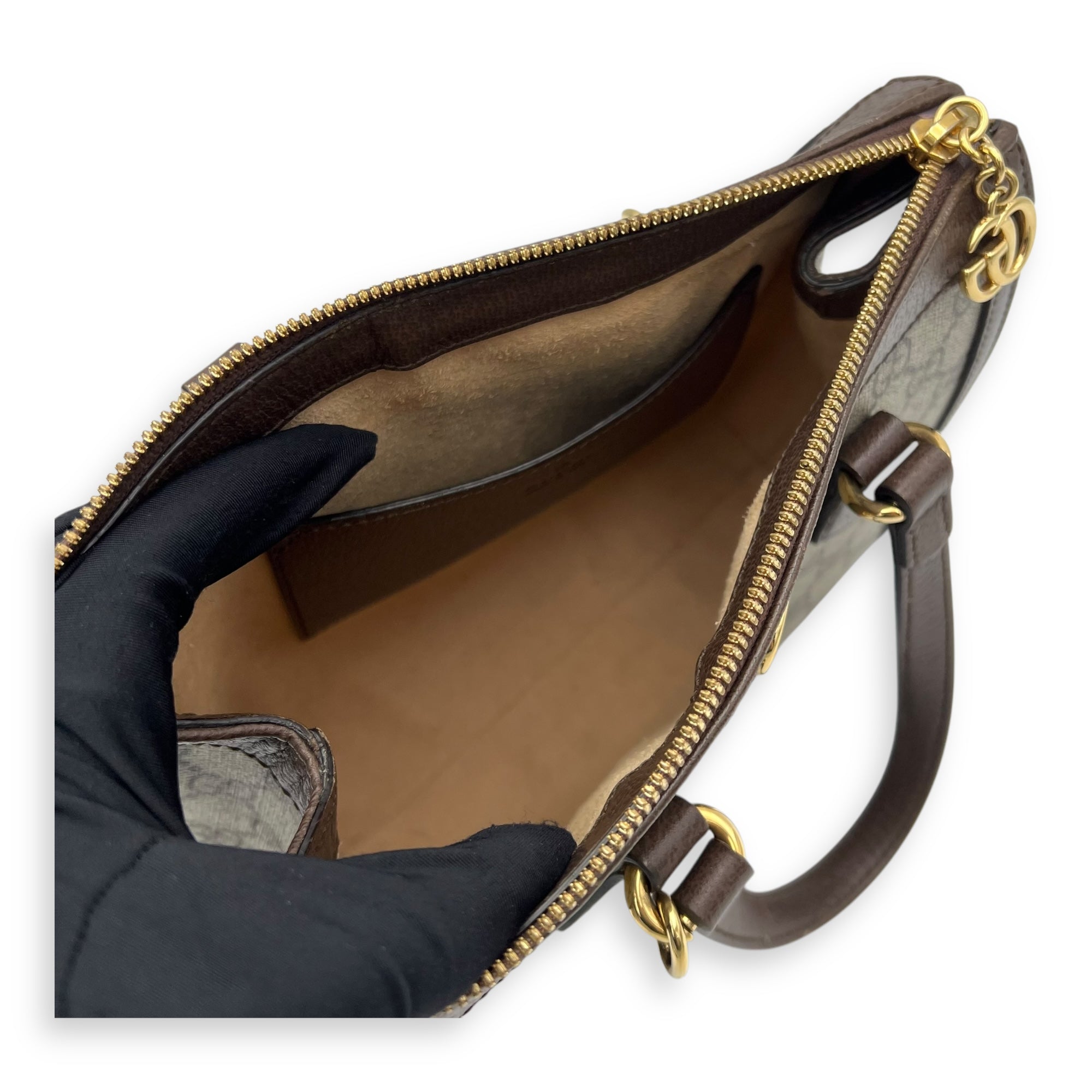 Ophidia Top Handle Bag Brown in Coated Canvas, Silver hardware
