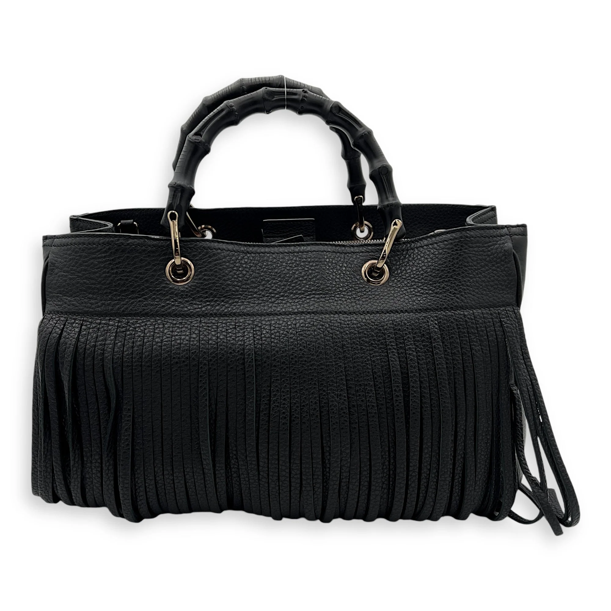 Bamboo Tassel Black Top Handle Bag in Calfskin, Gunmetal hardware