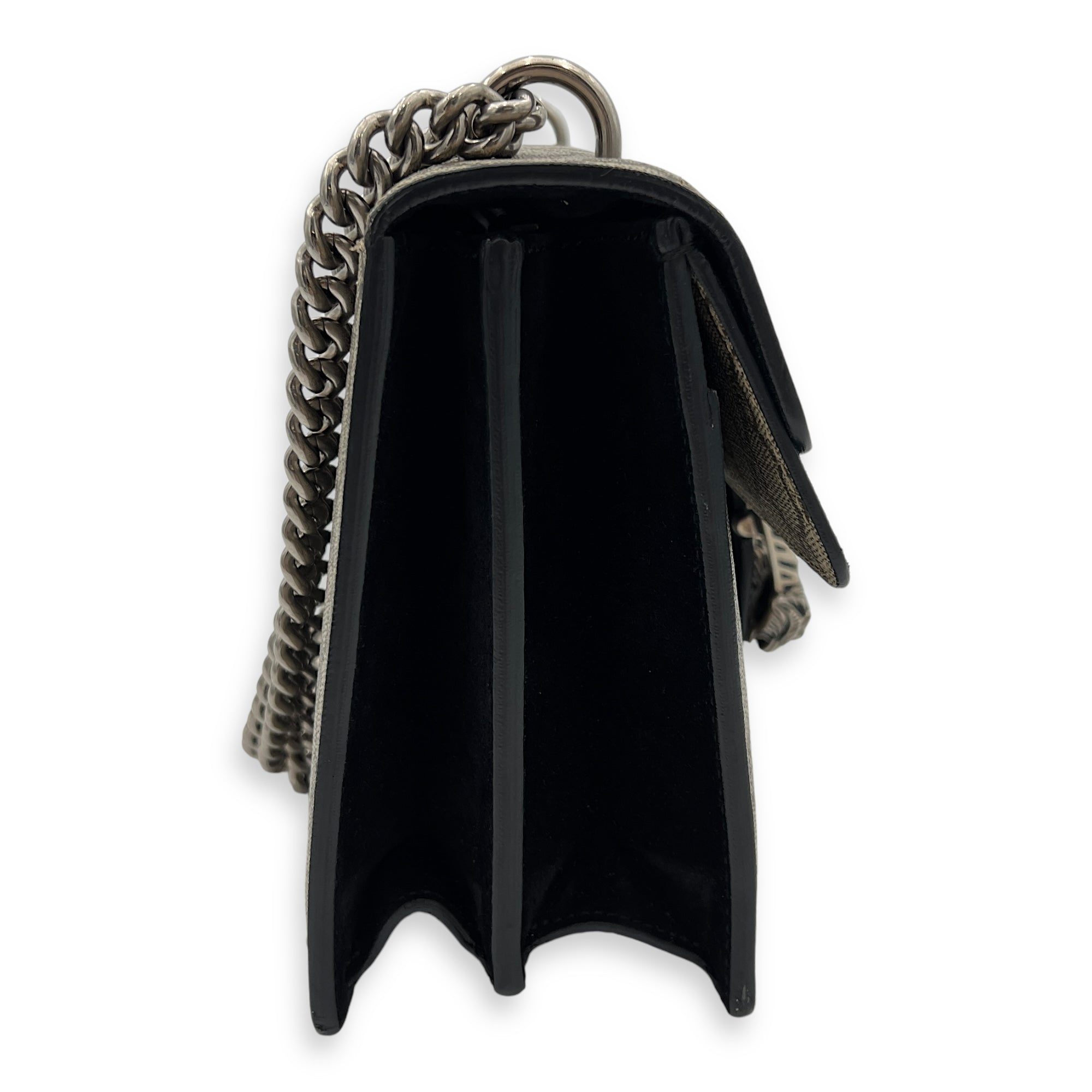 Dionysus Small Black Shoulder Bag in Coated Canvas, Silver hardware