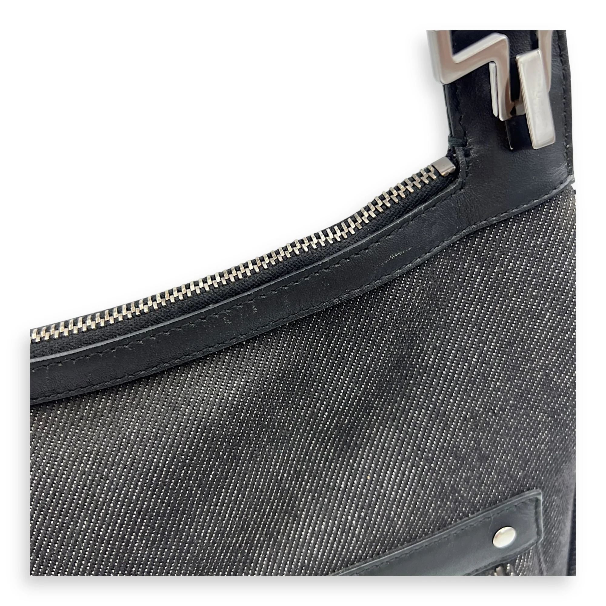 Pocket Black Shoulder Bag in Denim, Silver hardware