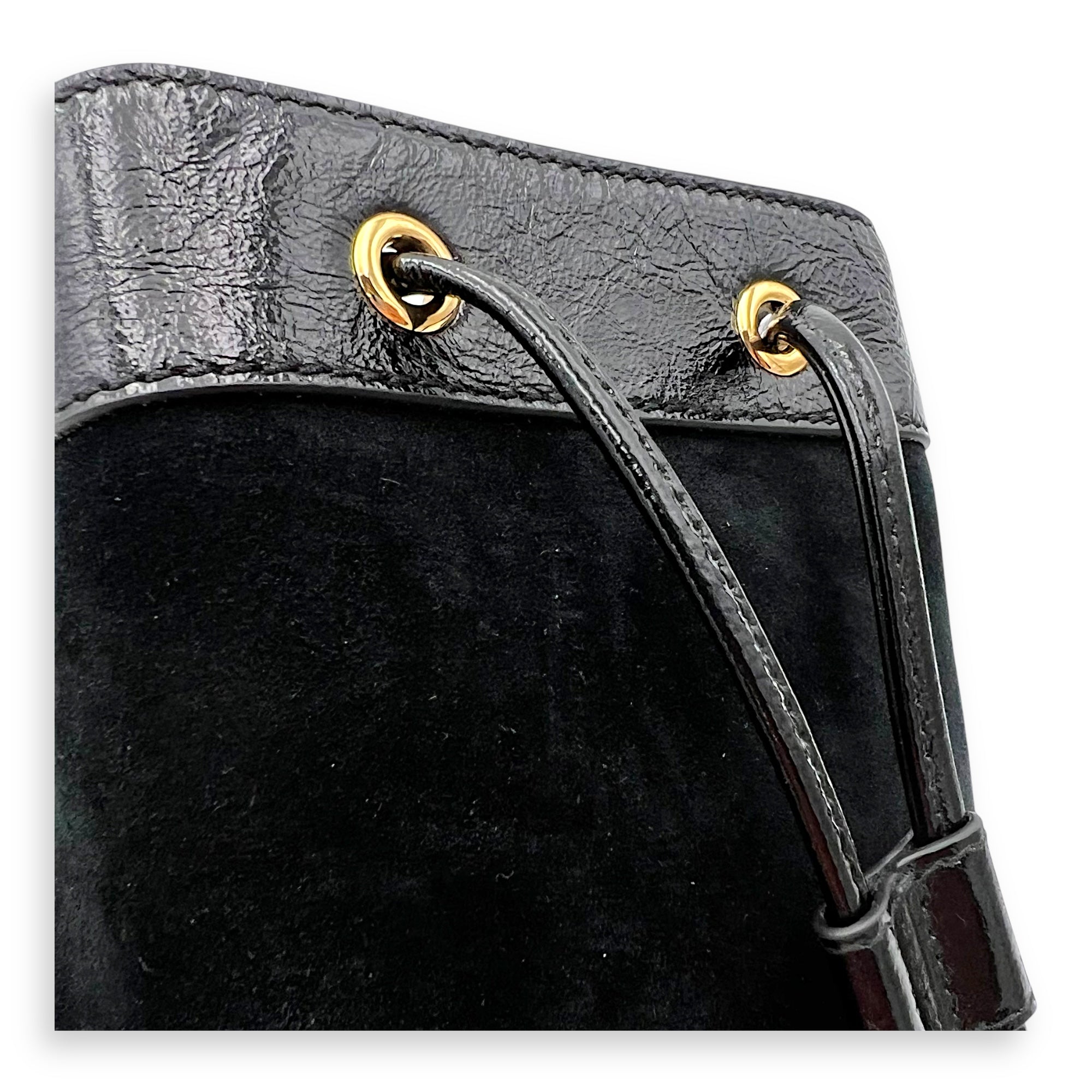 Ophidia Bucket Bag Black in Suede Leather, Gold hardware