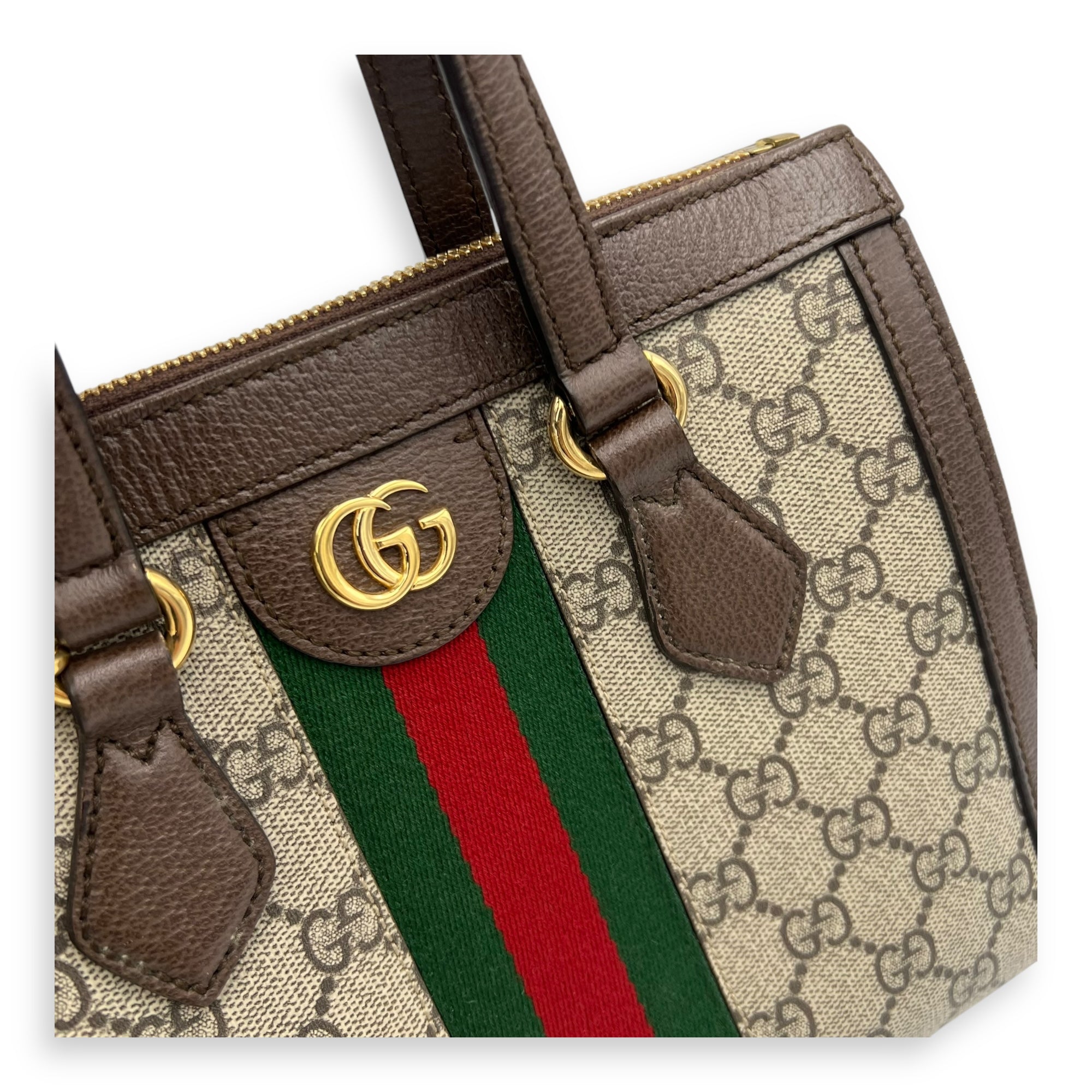 Ophidia Top Handle Bag Brown in Coated Canvas, Silver hardware