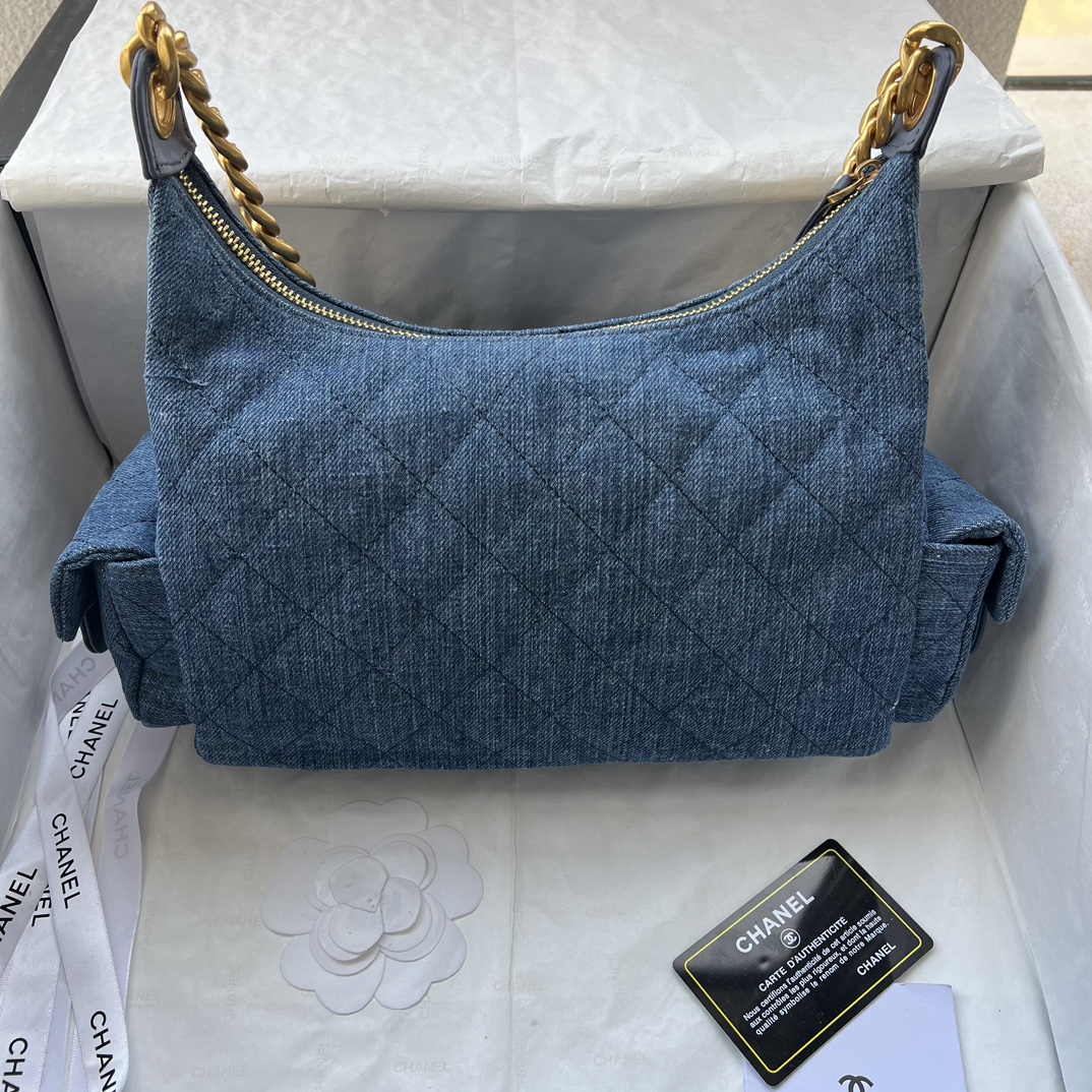 Chanel Hobo Washed Denim And Gold-Tone Metal Blue Bag