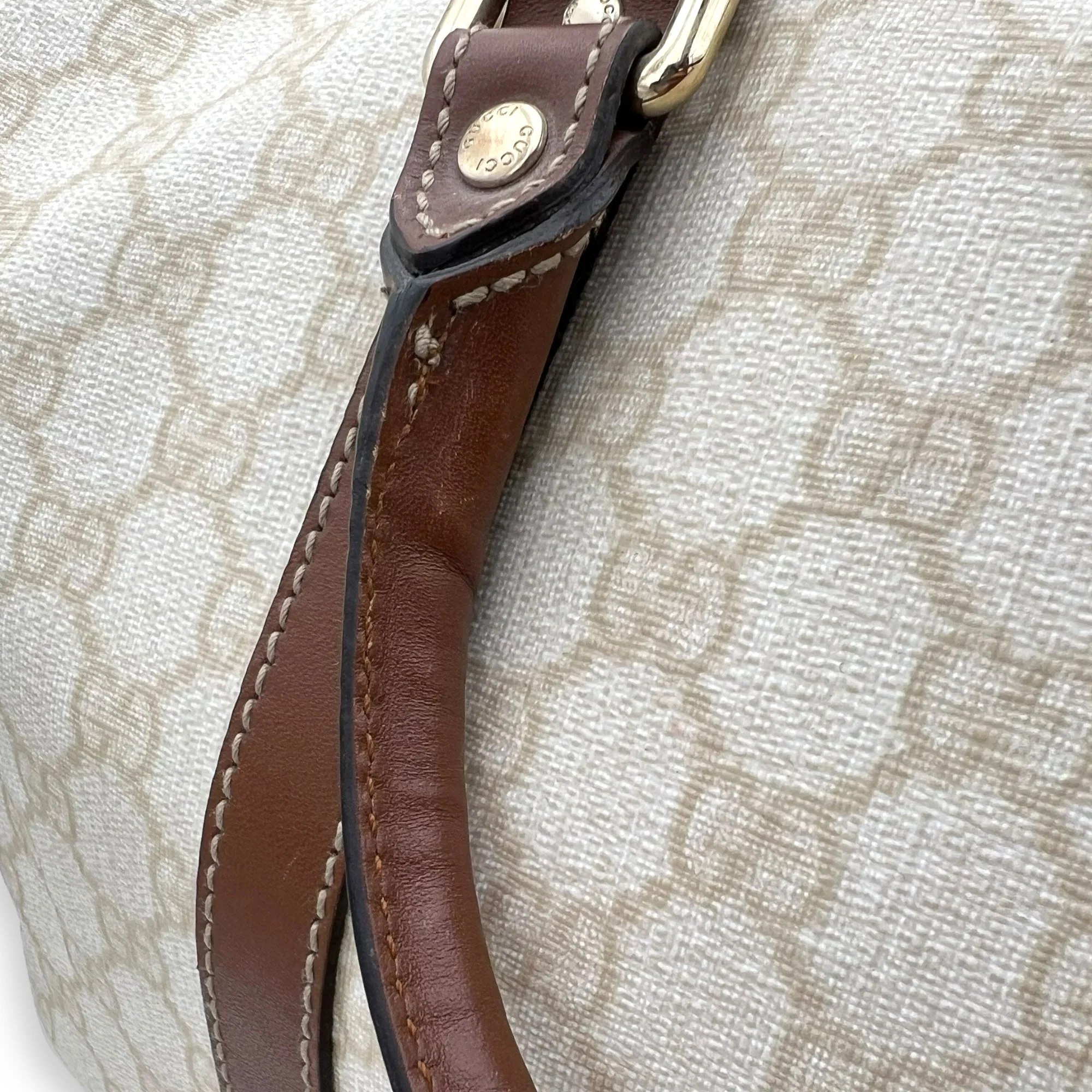Boston White Top Handle Bag in Coated Canvas, Gold hardware