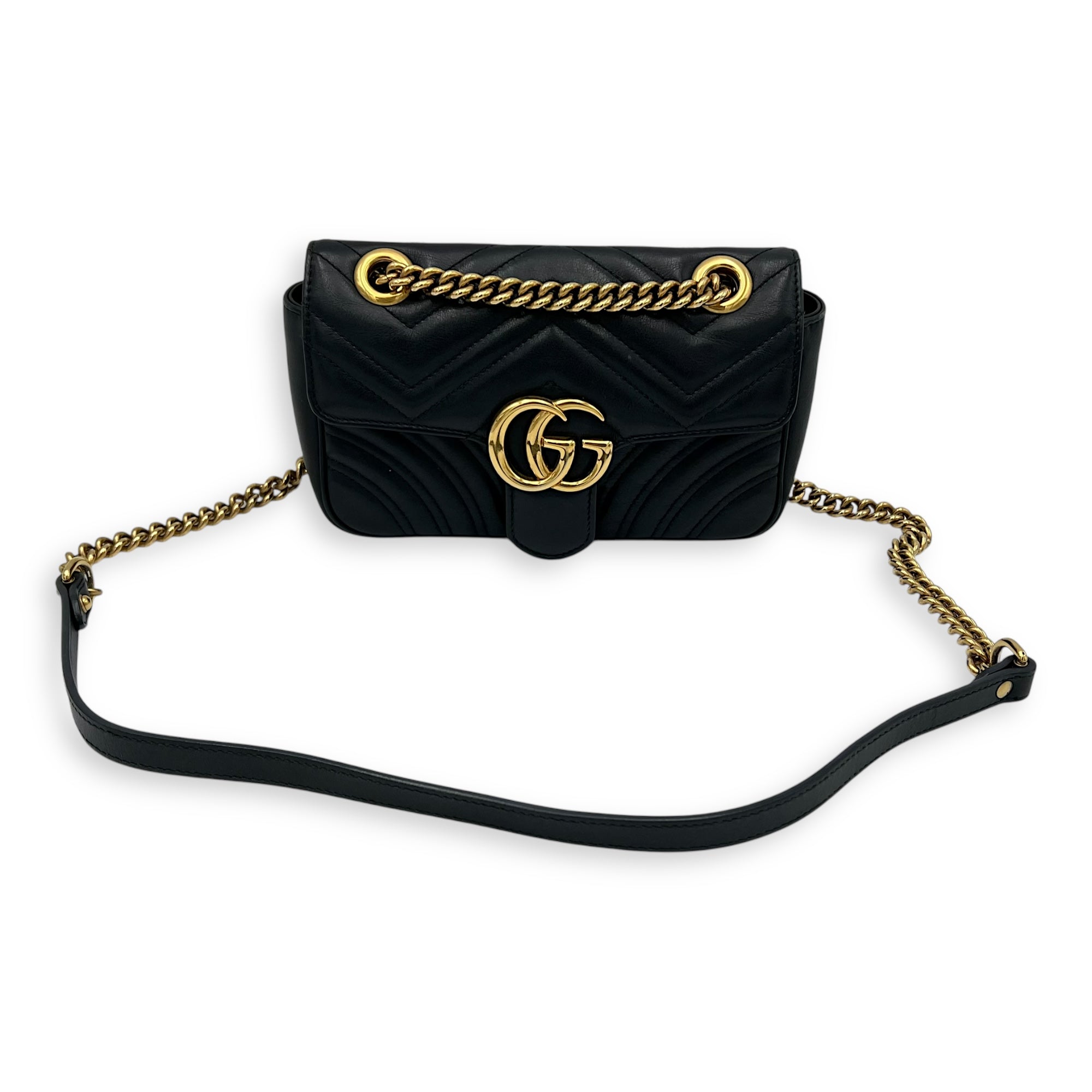 GG Marmont Mini Black Shoulder Bag in Calfskin, Gold hardware