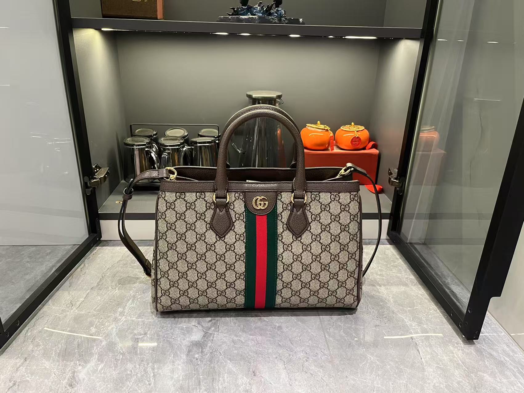 Gucci Ophidia Tote Bag Medium Size GG Monogram coated fabric - Beige and dark brown