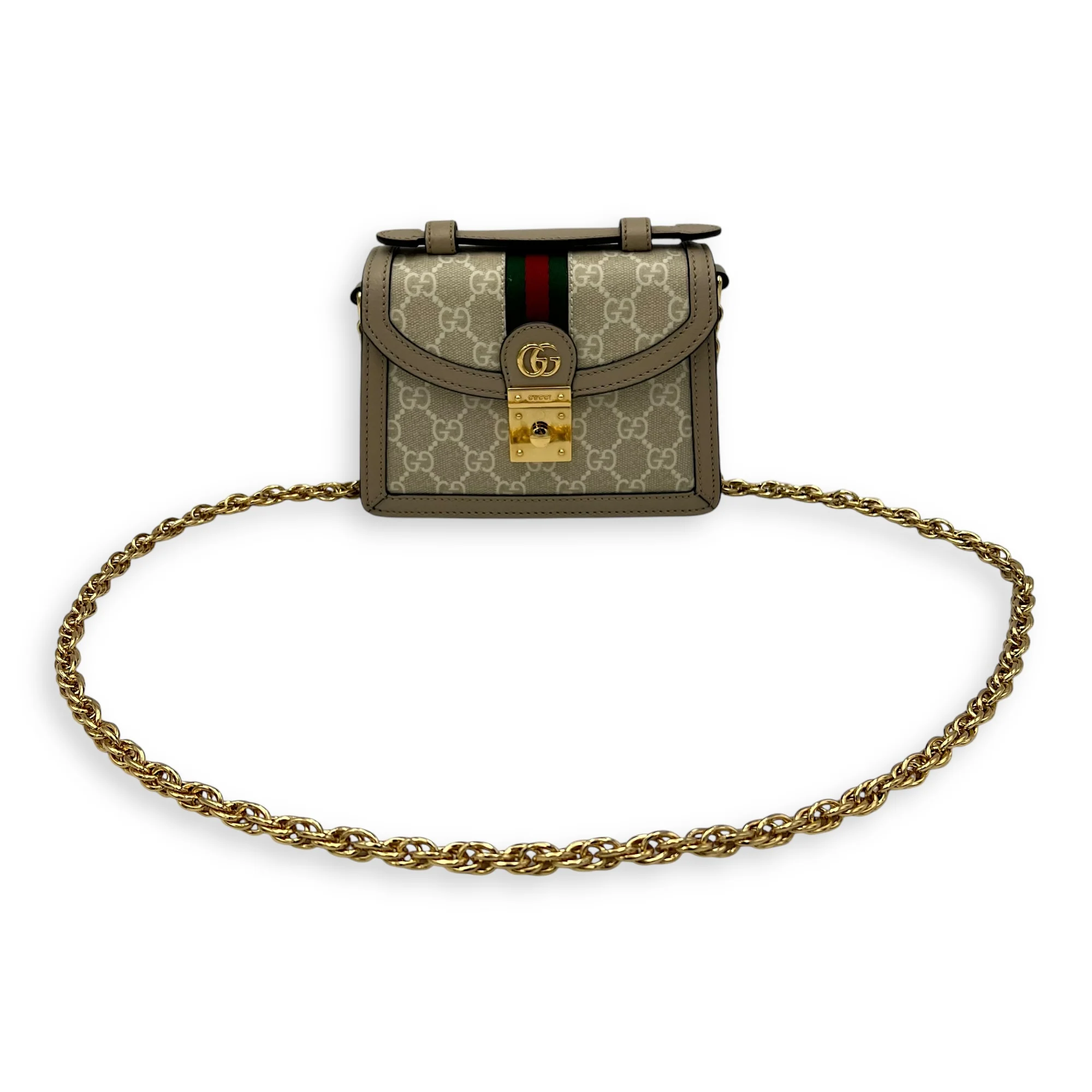 Ophidia Mini Beige Top Handle Bag in Coated Canvas, Gold hardware
