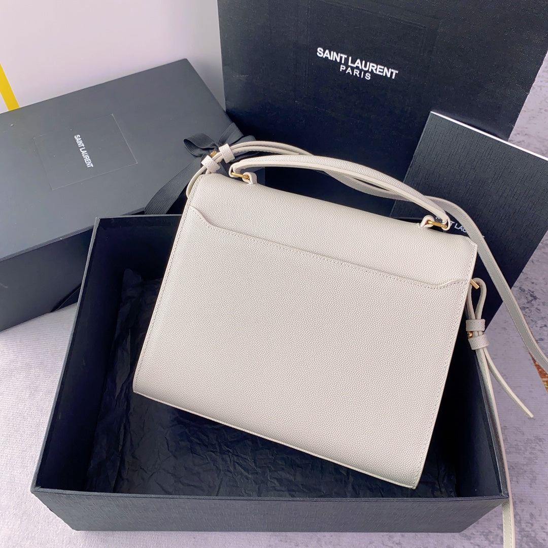 YSL Cassandra Medium Top Handle Bag in Grain Poudre Embossed Leather