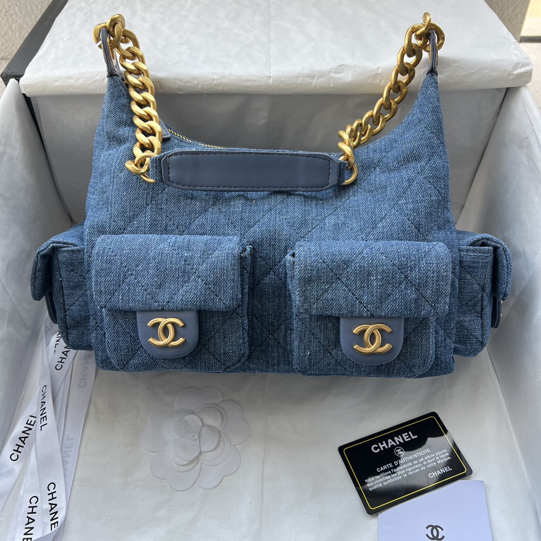 Chanel Hobo Washed Denim And Gold-Tone Metal Blue Bag