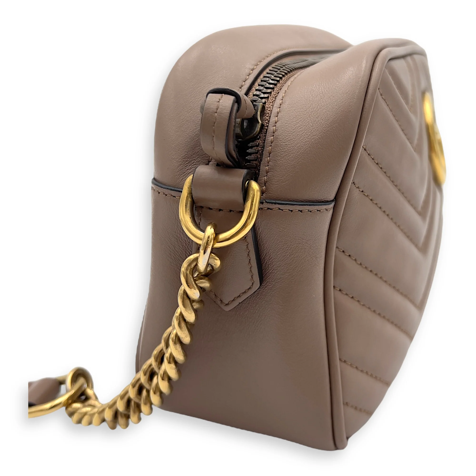 GG Marmont Small Beige Shoulder Bag in Calfskin, Gold hardware