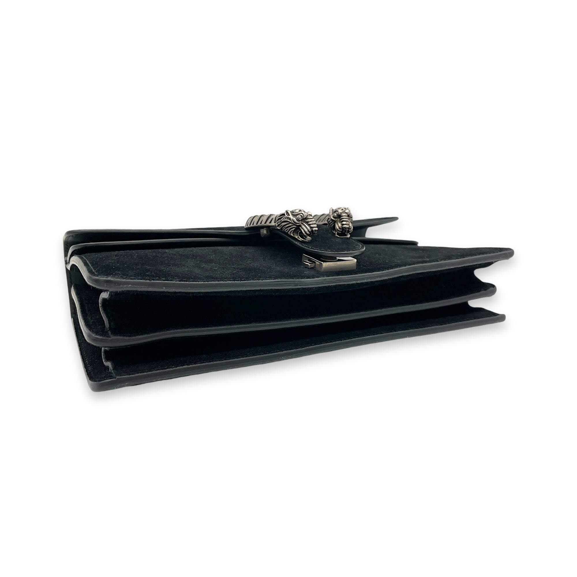 Dionysus Small Black Shoulder Bag in Suede Leather, Silver hardware