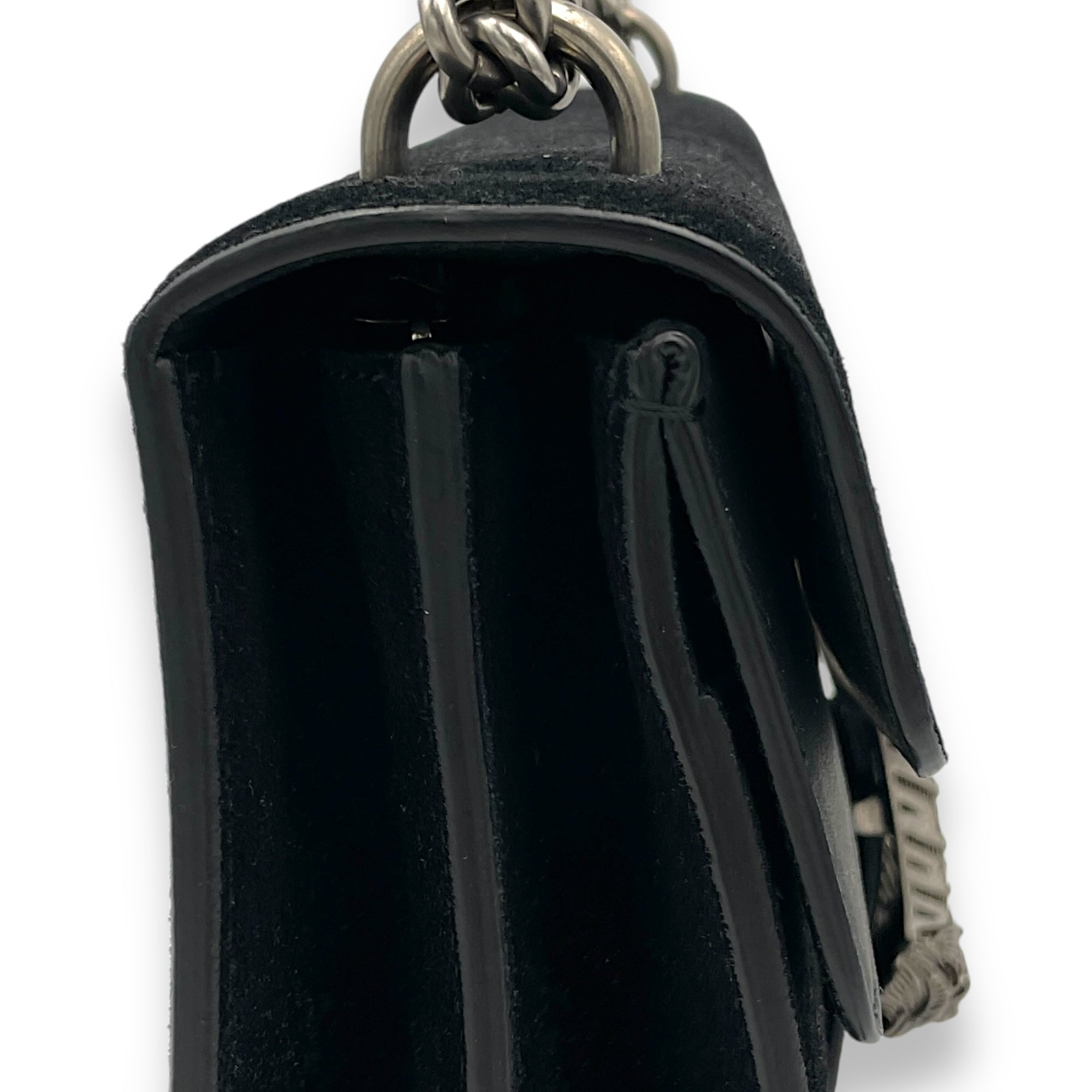 Dionysus Small Black Shoulder Bag in Suede Leather, Silver hardware