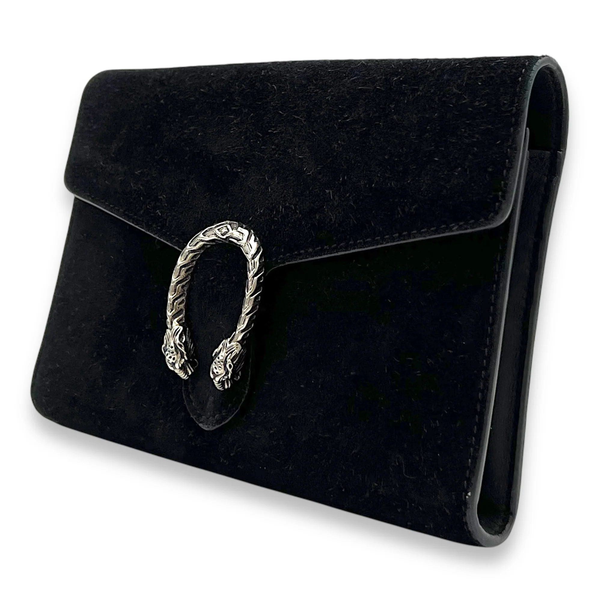 Dionysus Black Wallet On Chain in Suede Leather, Ruthenium hardware