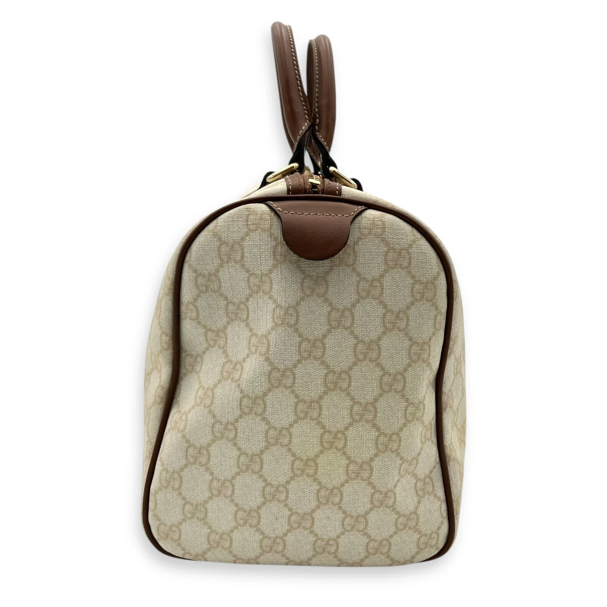 Boston White Top Handle Bag in Coated Canvas, Gold hardware