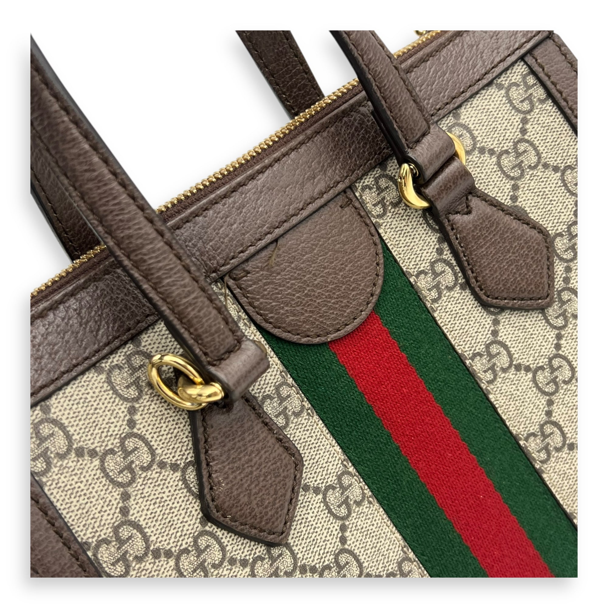 Ophidia Top Handle Bag Brown in Coated Canvas, Silver hardware