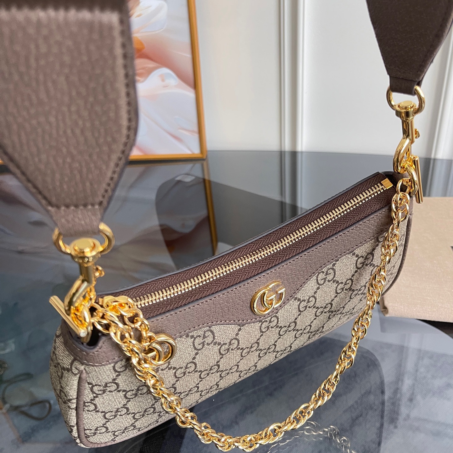 [TOP]Gucci Ophidia Collection Small Handbag - Beige And Dark Brown Bag