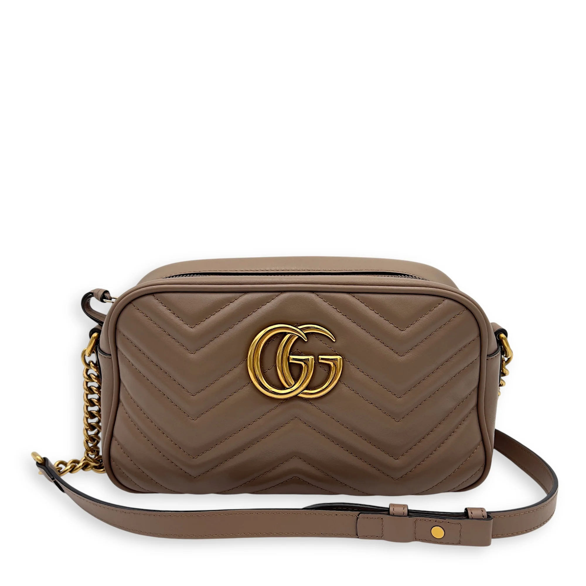 GG Marmont Small Beige Shoulder Bag in Calfskin, Gold hardware