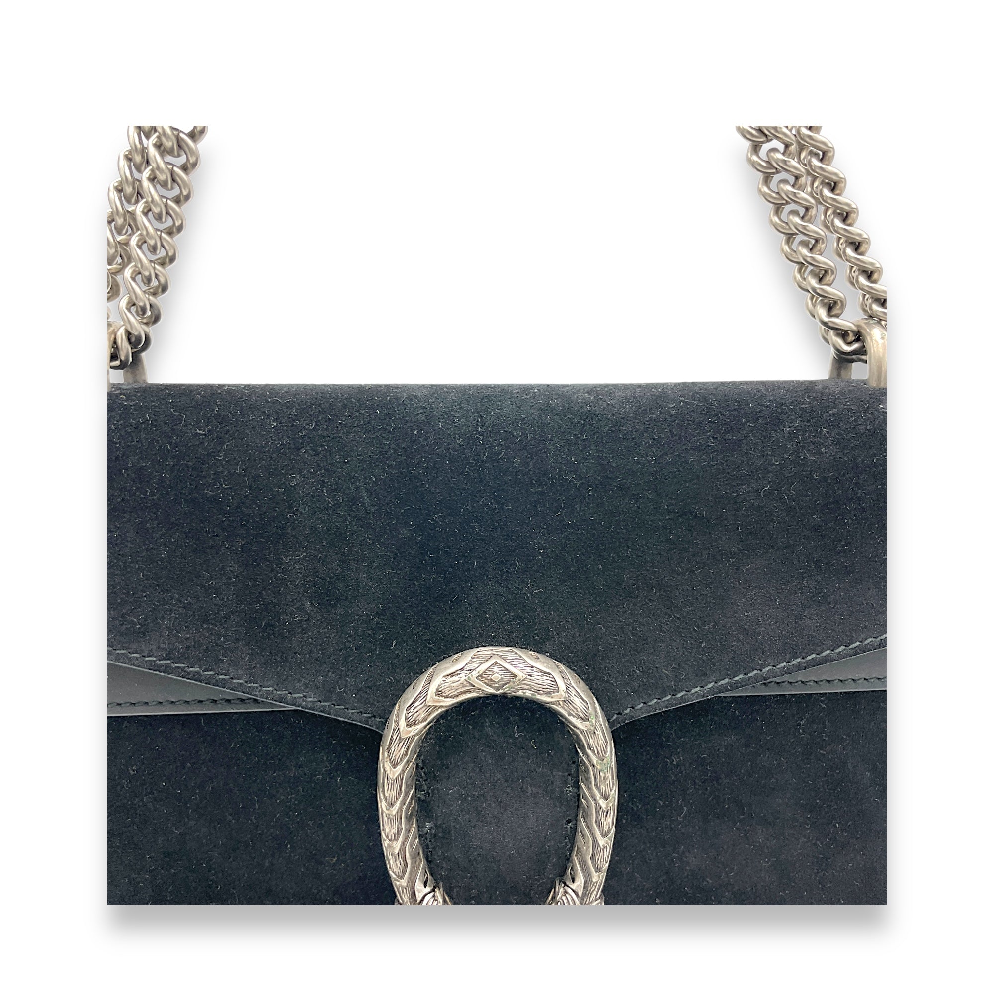 Dionysus Small Black Shoulder Bag in Suede Leather, Silver hardware