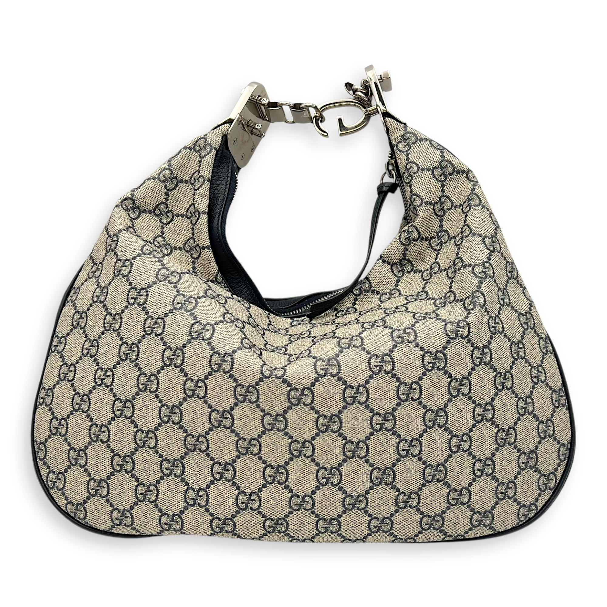 Attache Shoulder Bag Blue in Coated Canvas, Silver hardware