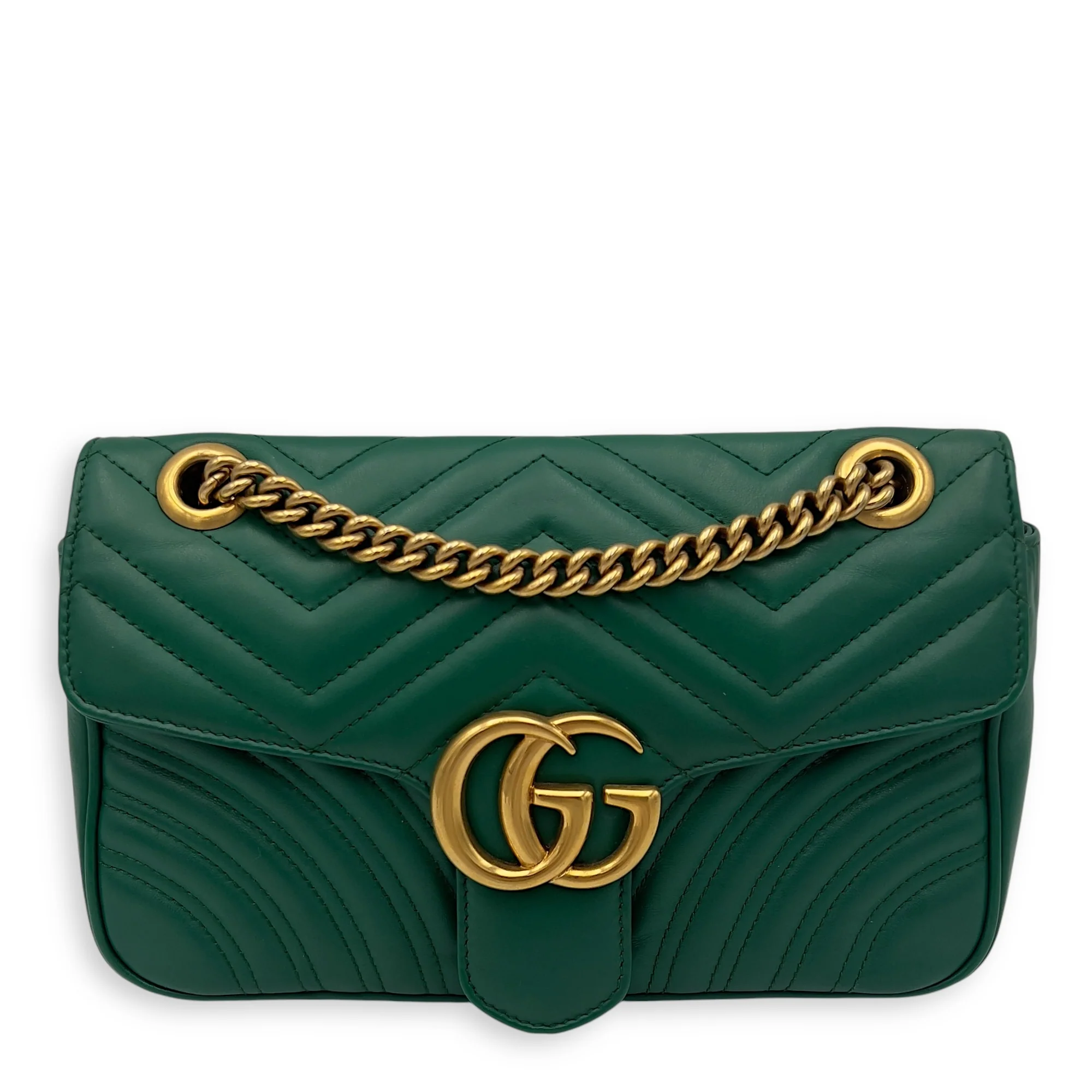 GG Marmont Shoulder Bag Small Green in Calfskin, Gold hardware