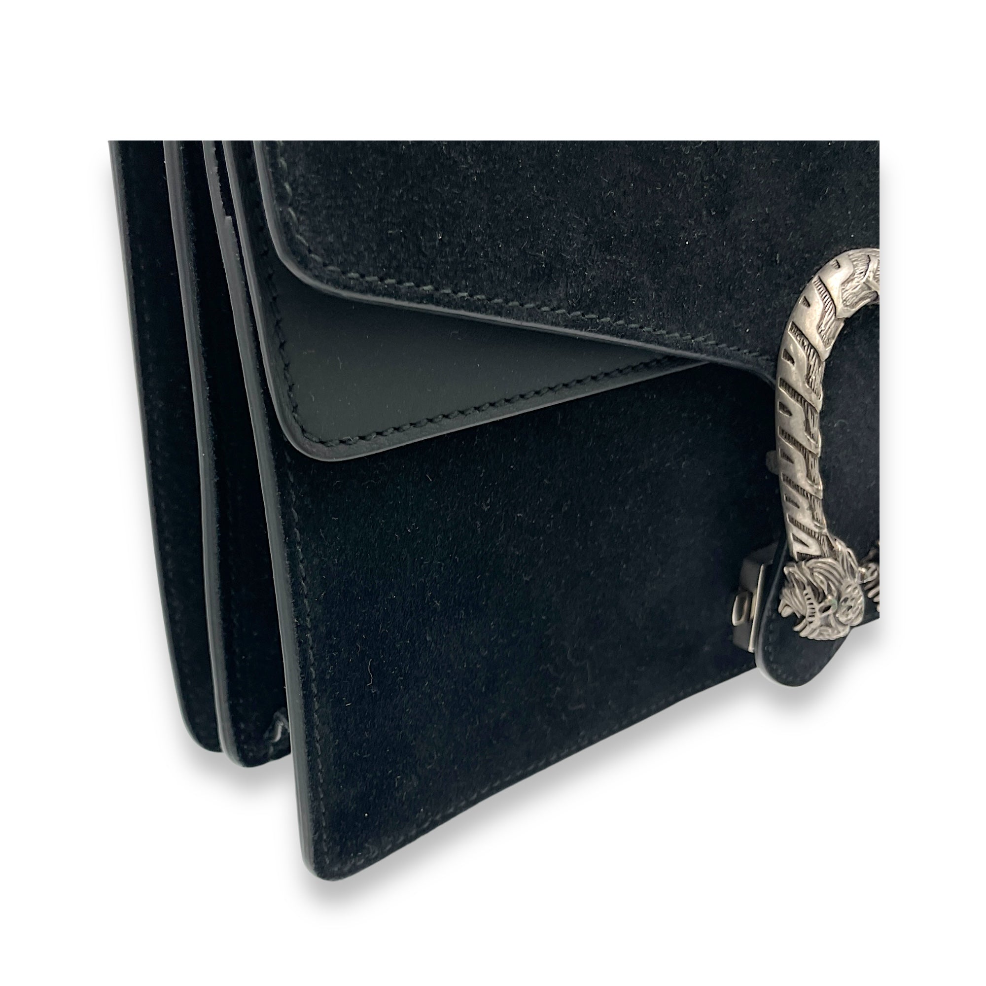 Dionysus Small Black Shoulder Bag in Suede Leather, Silver hardware