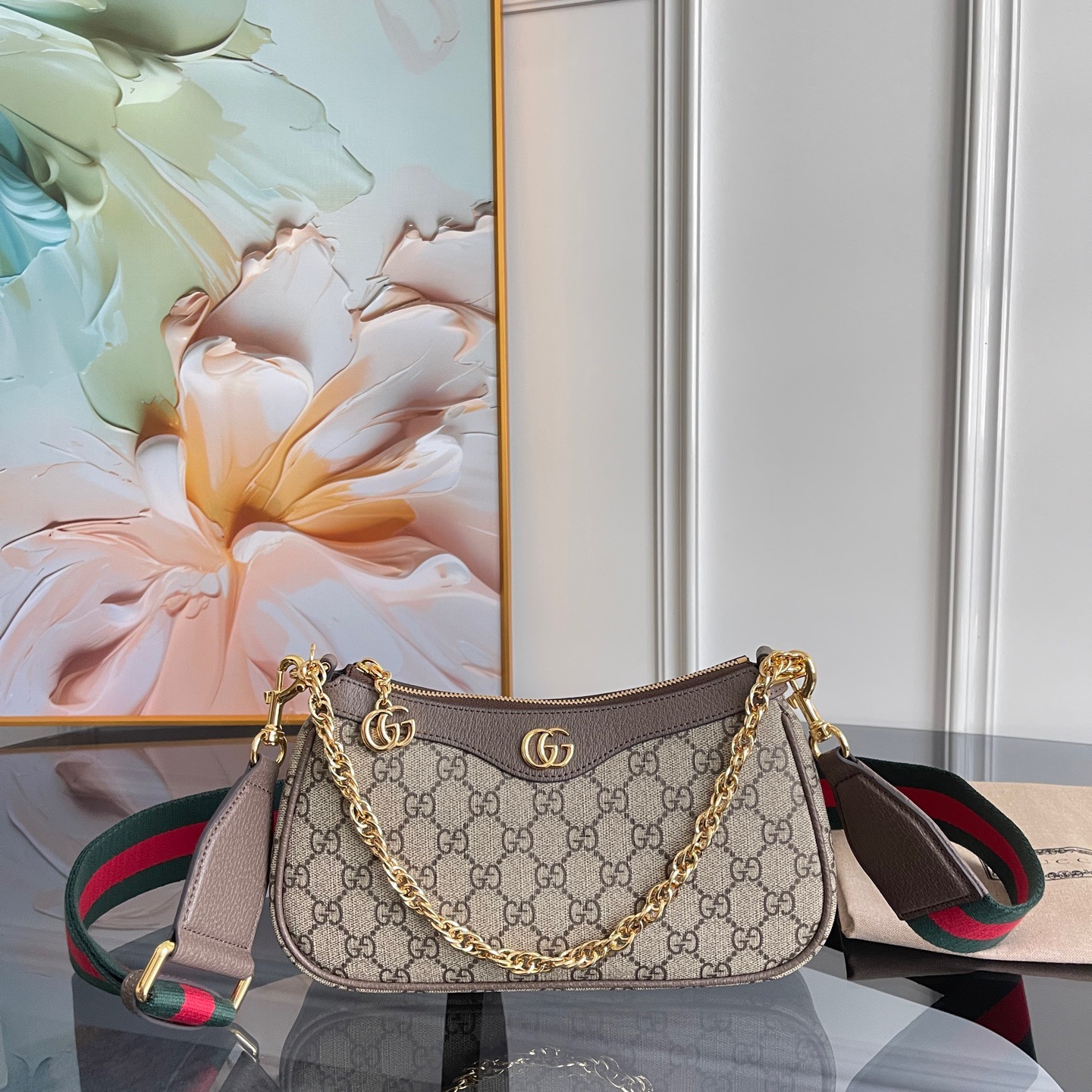 [TOP]Gucci Ophidia Collection Small Handbag - Beige And Dark Brown Bag