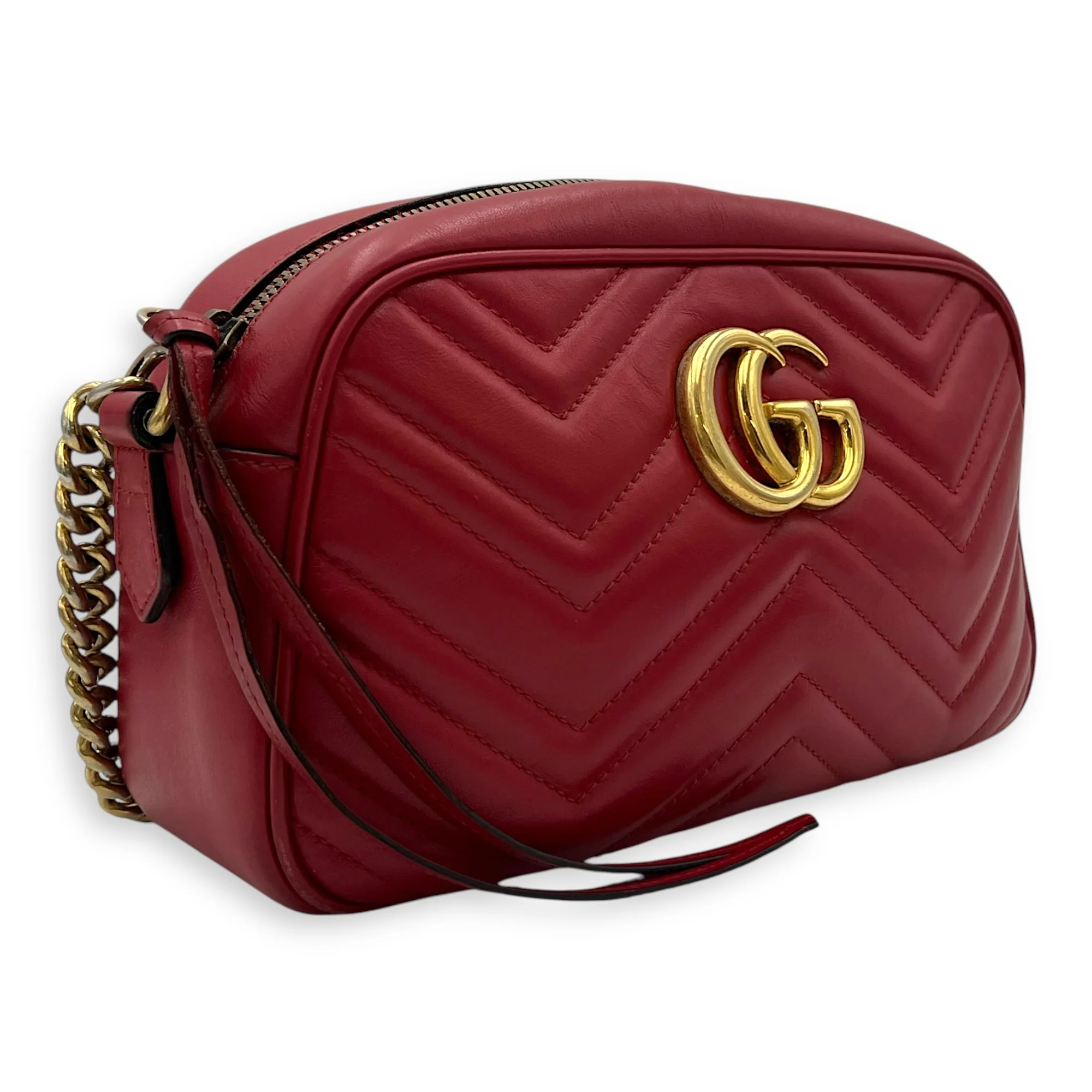 GG Marmont Small Red Crossbody Bag in Calfskin, Gold hardware