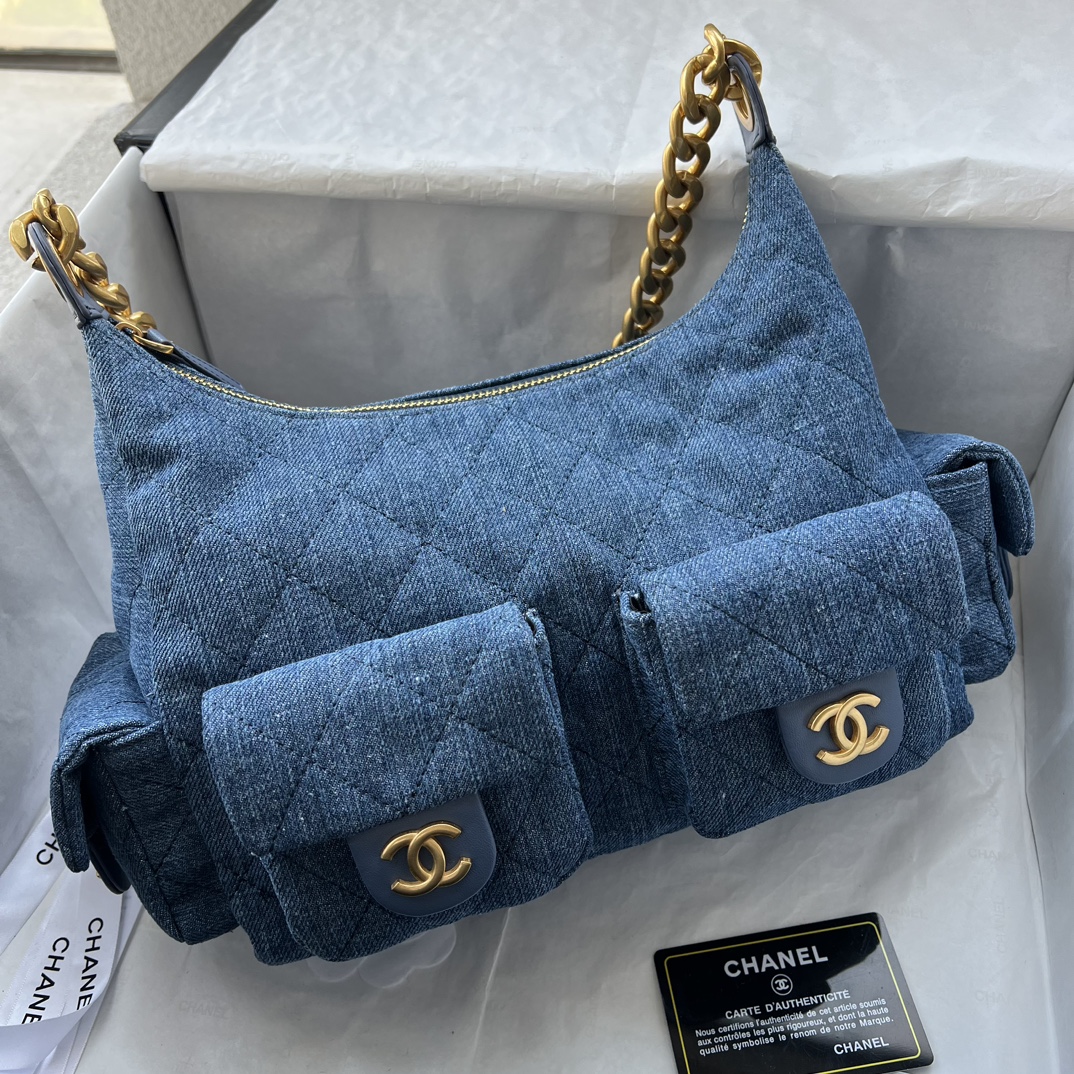 Chanel Hobo Washed Denim And Gold-Tone Metal Blue Bag